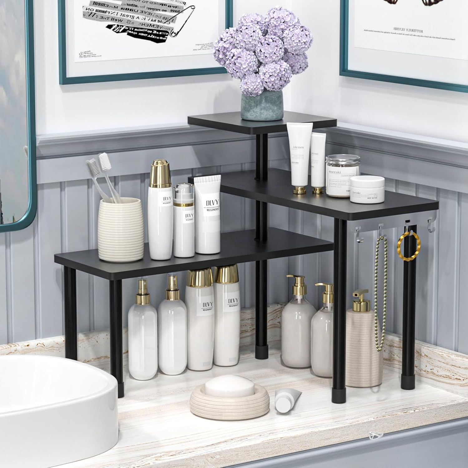 JayRex 3-Tier Bathroom Countertop Corner Shelf Organizer, Black | Space-saving corner design organizes spices, skincare