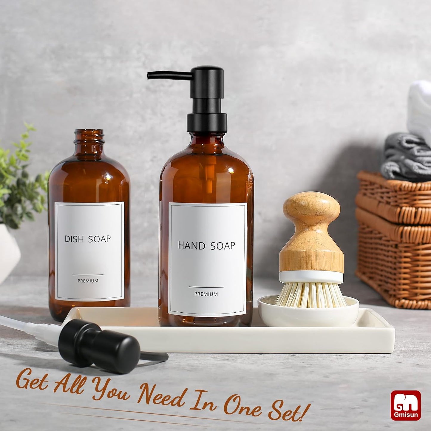 GMISUN Dish Soap Dispenser, 16 Oz Kitchen Soap Dispenser Set with Ceramic Tray & Bamboo Brush, 2 Pack Thick Amber Glass
