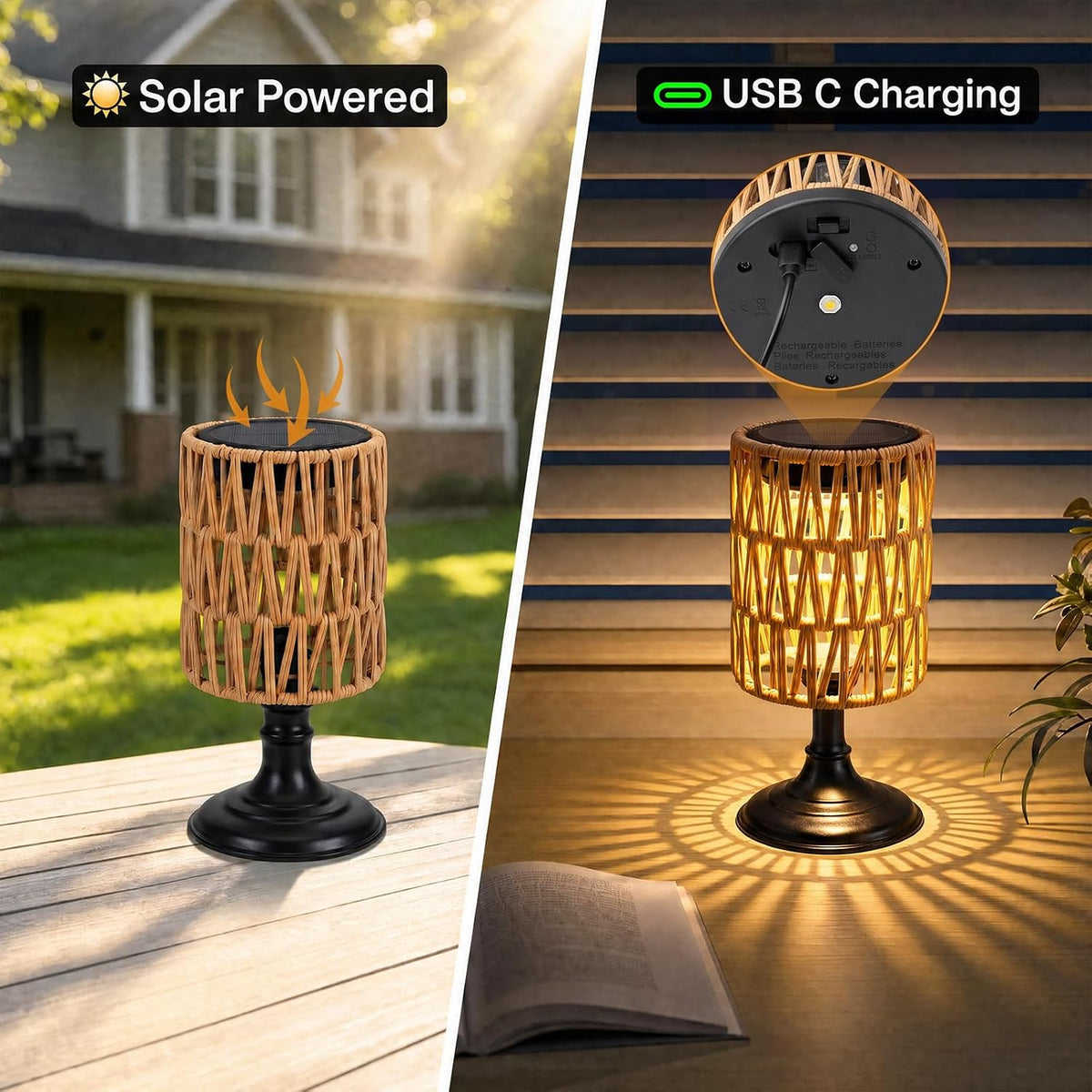 Outdoor Solar Table Lamps Set of 2, Solar Lanterns Outdoor Waterproof | Handwoven, Cordless, USB-C Rechargeable, Solar