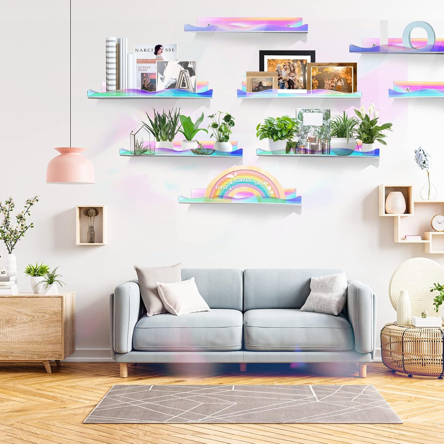 DILIBRA 6 Packs Iridescent Clear Acrylic Floating Shelves, 15.7 Inch Large | Set up for Funko Pop Display Case Picture