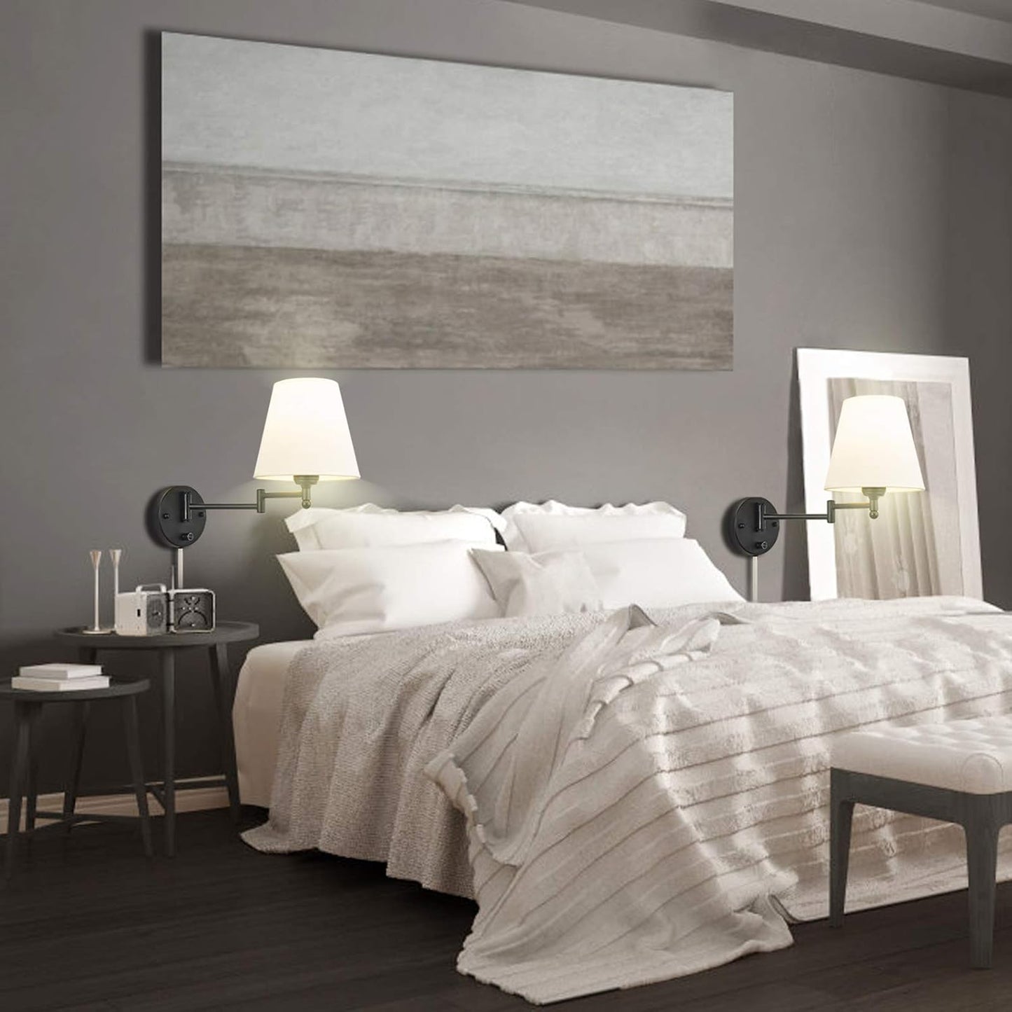 Swing Arm Wall Lamp Plug in Wall Mount Opaque Ivory Linen Shade 40W 2-Way Cord Covers(1 Light)
