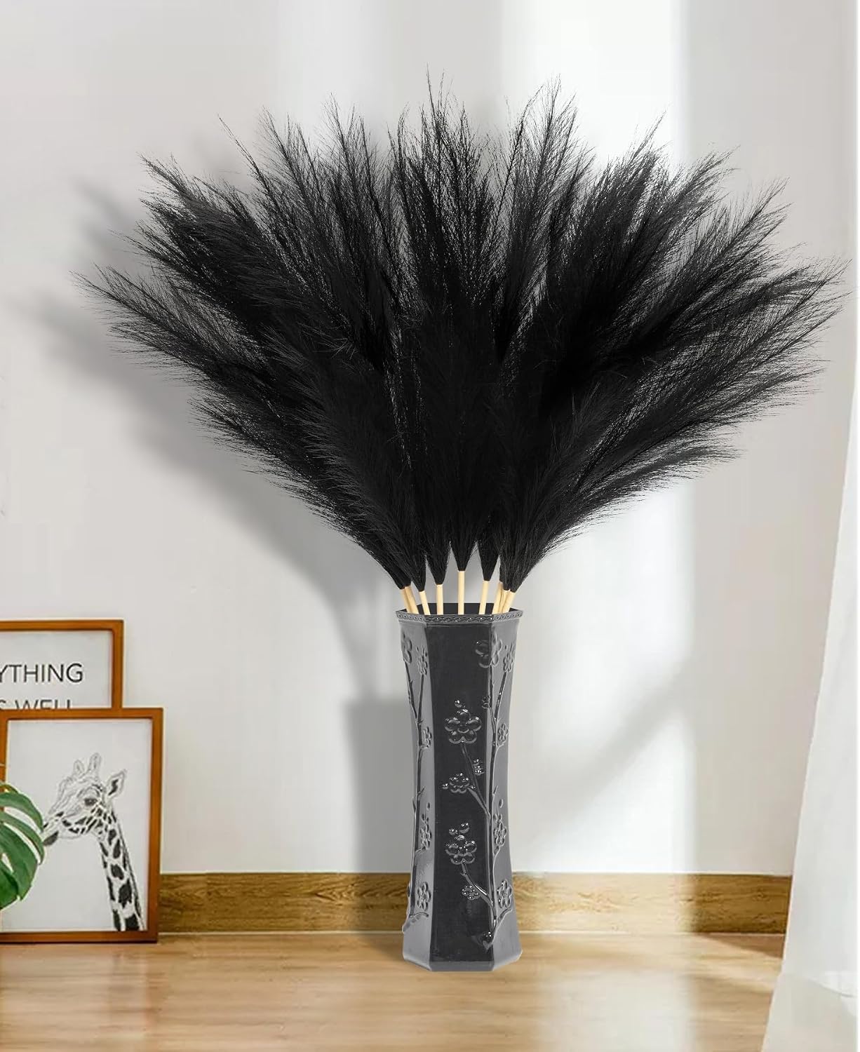 Long Stem Artificial Flower Floor Vase Large Faux Floral Pompas Fake / 45" Black Style / Set of 9