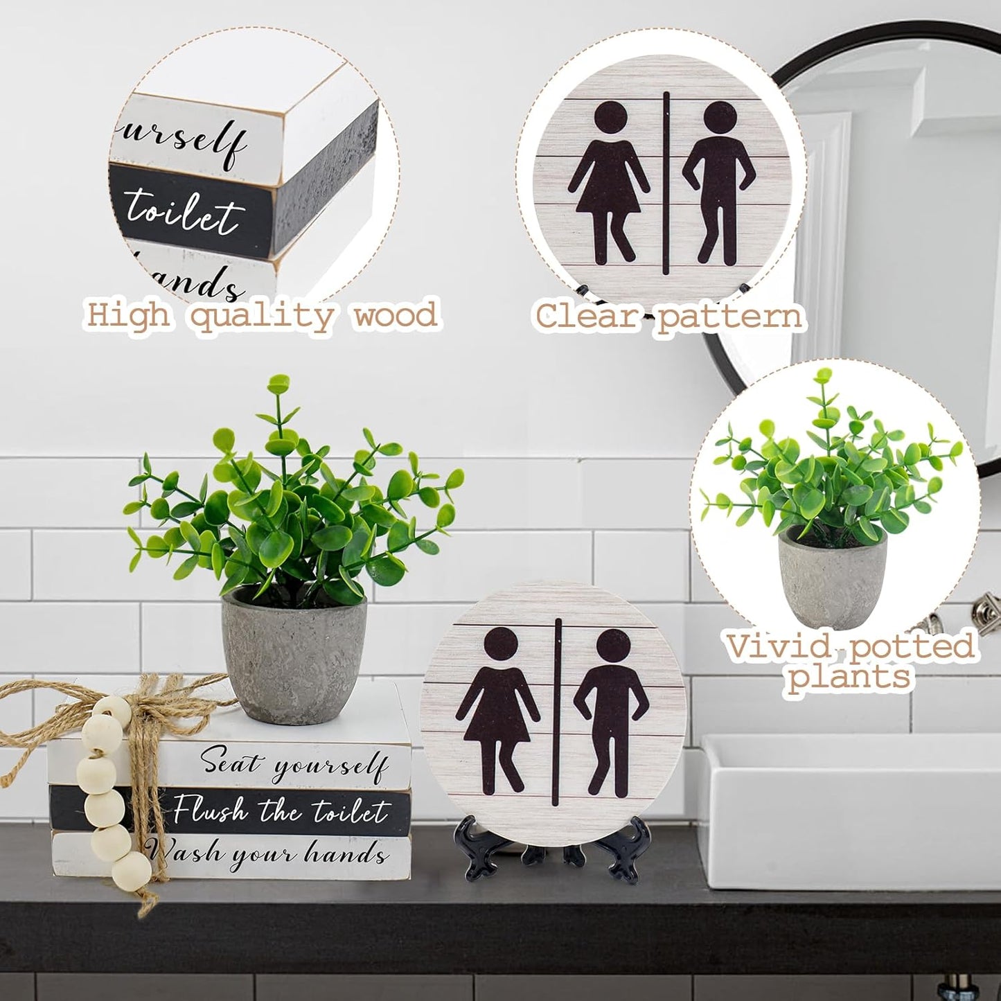 Fake Plants / Book Stack and 3D Round Signs / Flush The Toilet