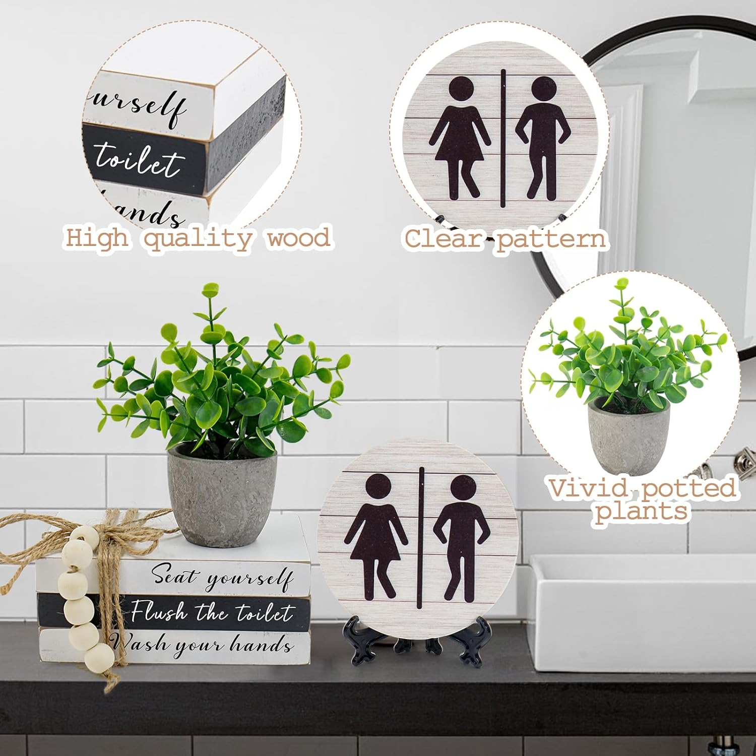 Fake Plants / Book Stack and 3D Round Signs / Flush The Toilet