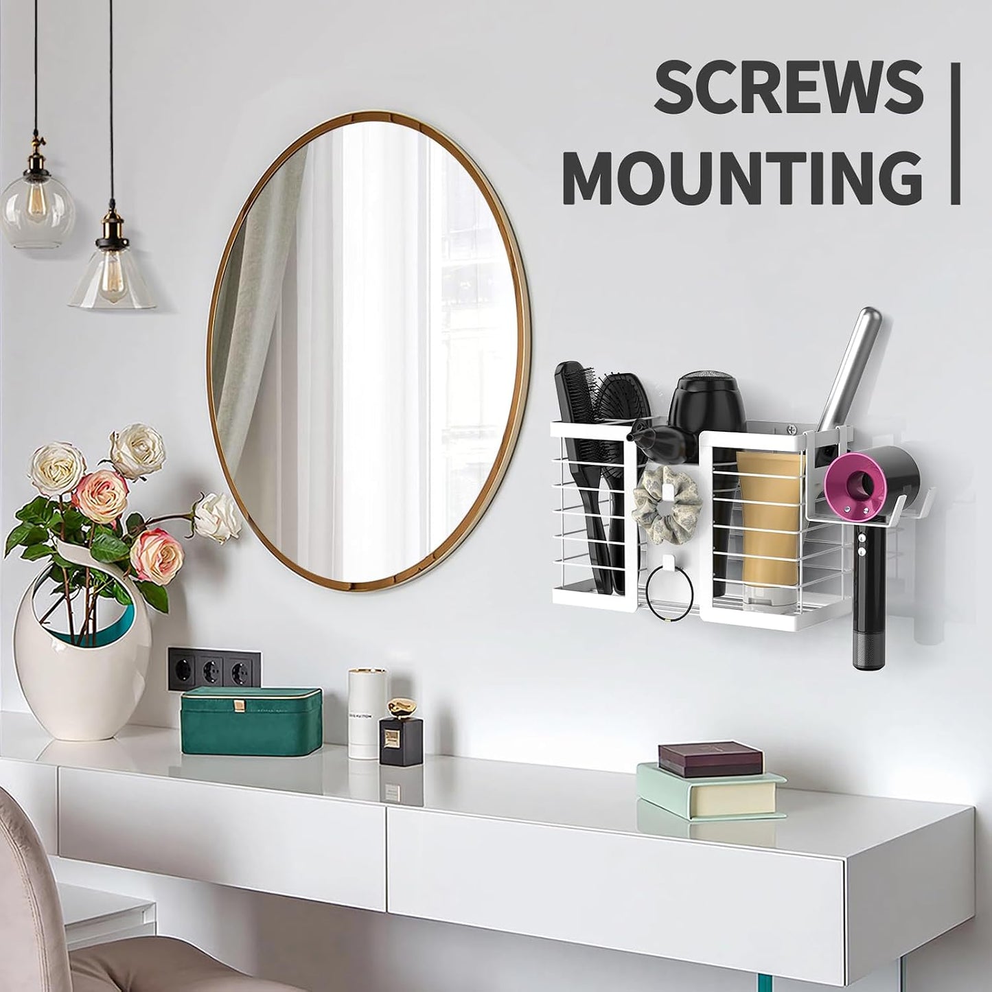 FUNKYLEE Bathroom Organizers and Storage, 3 in 1 Metal Wall Mount for Flat Iron, Curling Iron, Straightener, Hair Care