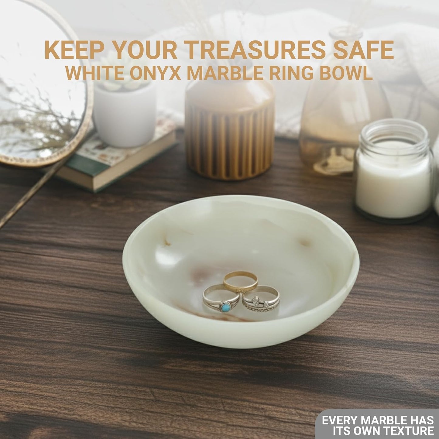 Vanity Organizer / Marble Ring Jewelry Dish Tray / Onyx White - 5" Inch