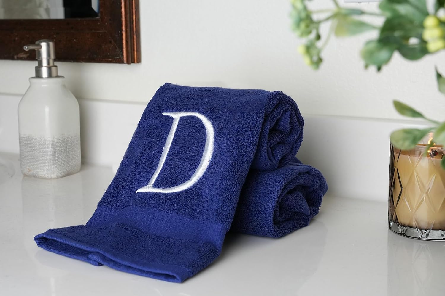 Navy with White Monogrammed Hand Towels for Bathroom - Set of 2 Letter D | Luxury Hotel Quality Initial Towels For