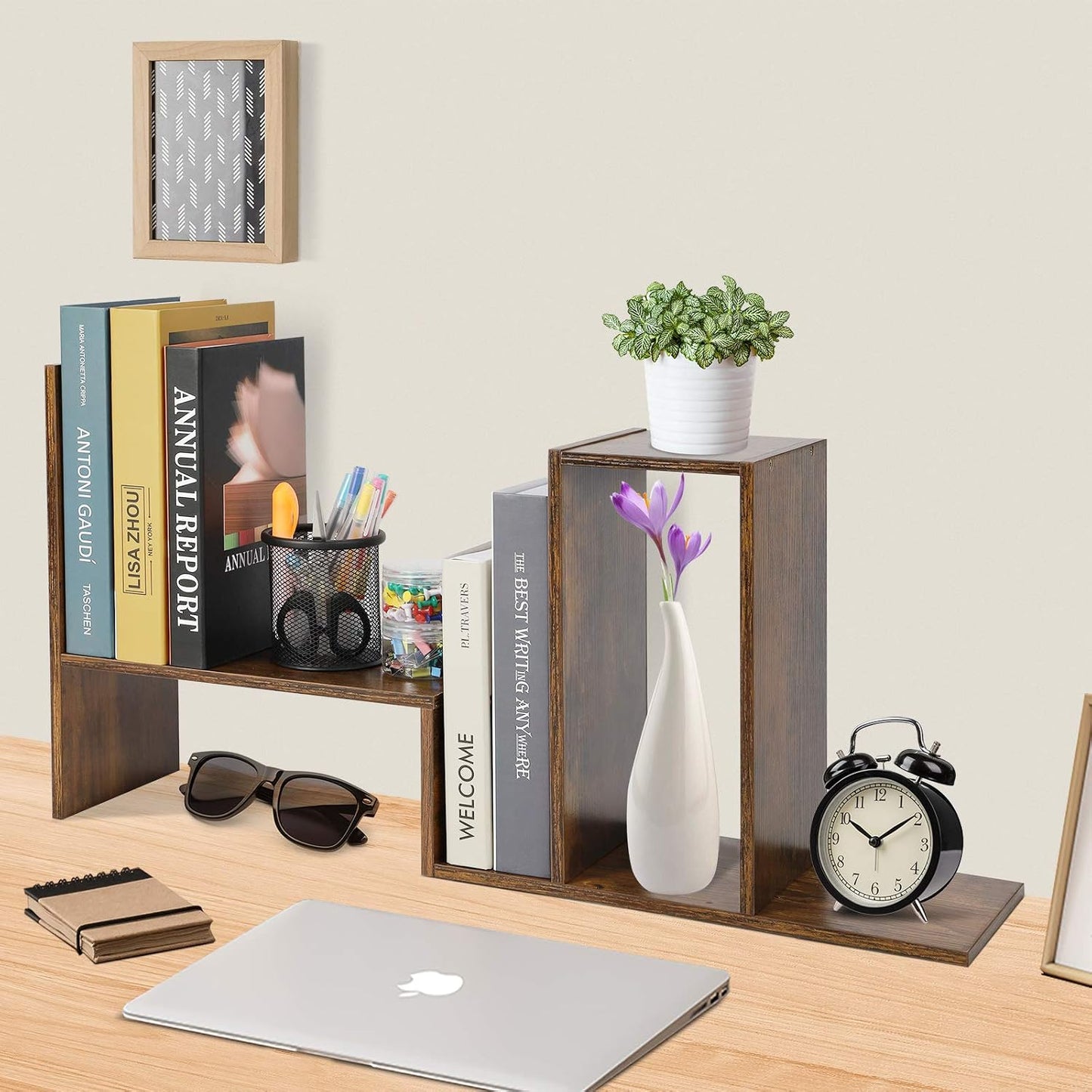 Sorfity Expandable Wood Desktop Bookshelf Desktop Organizer Office Storage Rack Wood Display Shelf, Counter Storage