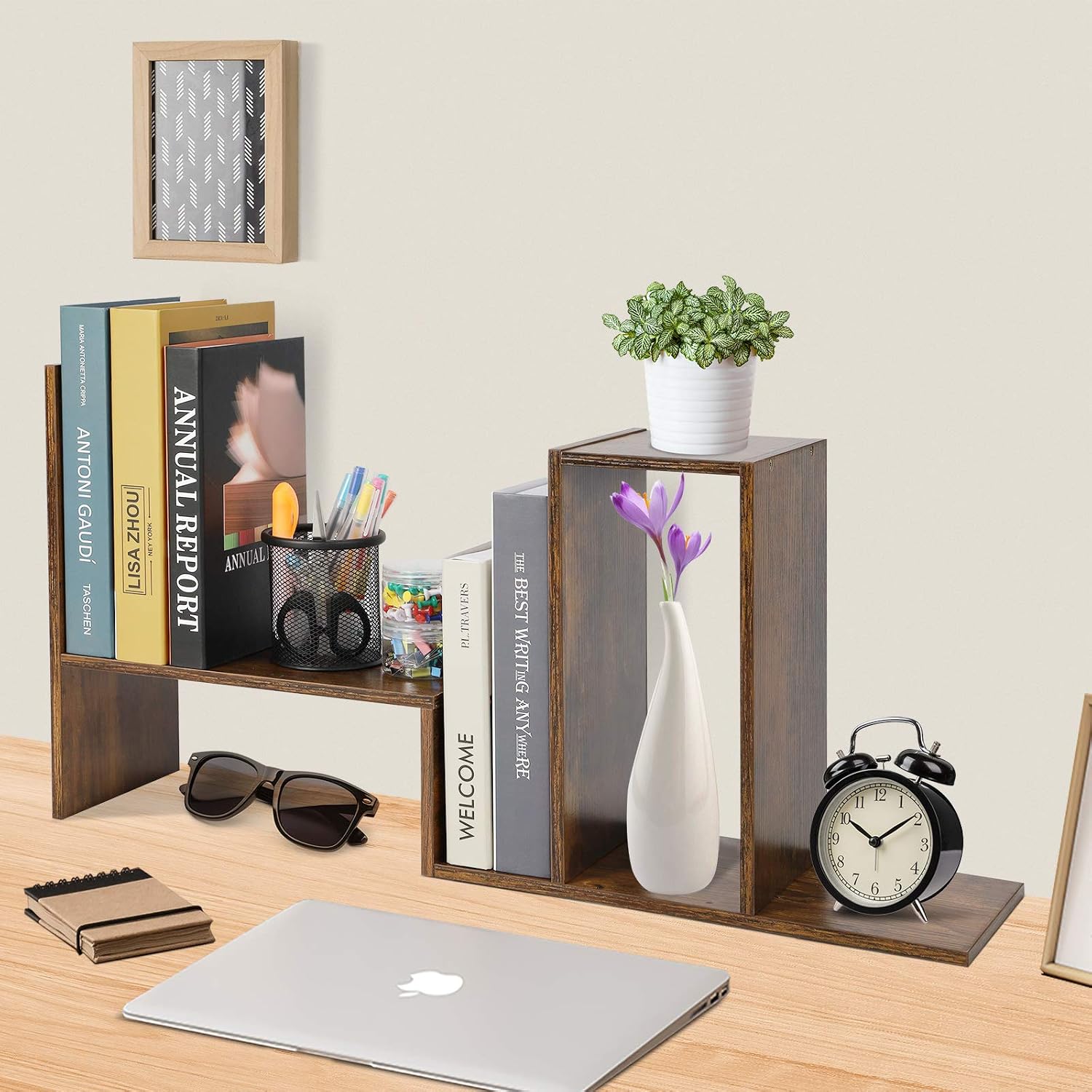 Sorfity Expandable Wood Desktop Bookshelf Desktop Organizer Office Storage Rack Wood Display Shelf, Counter Storage