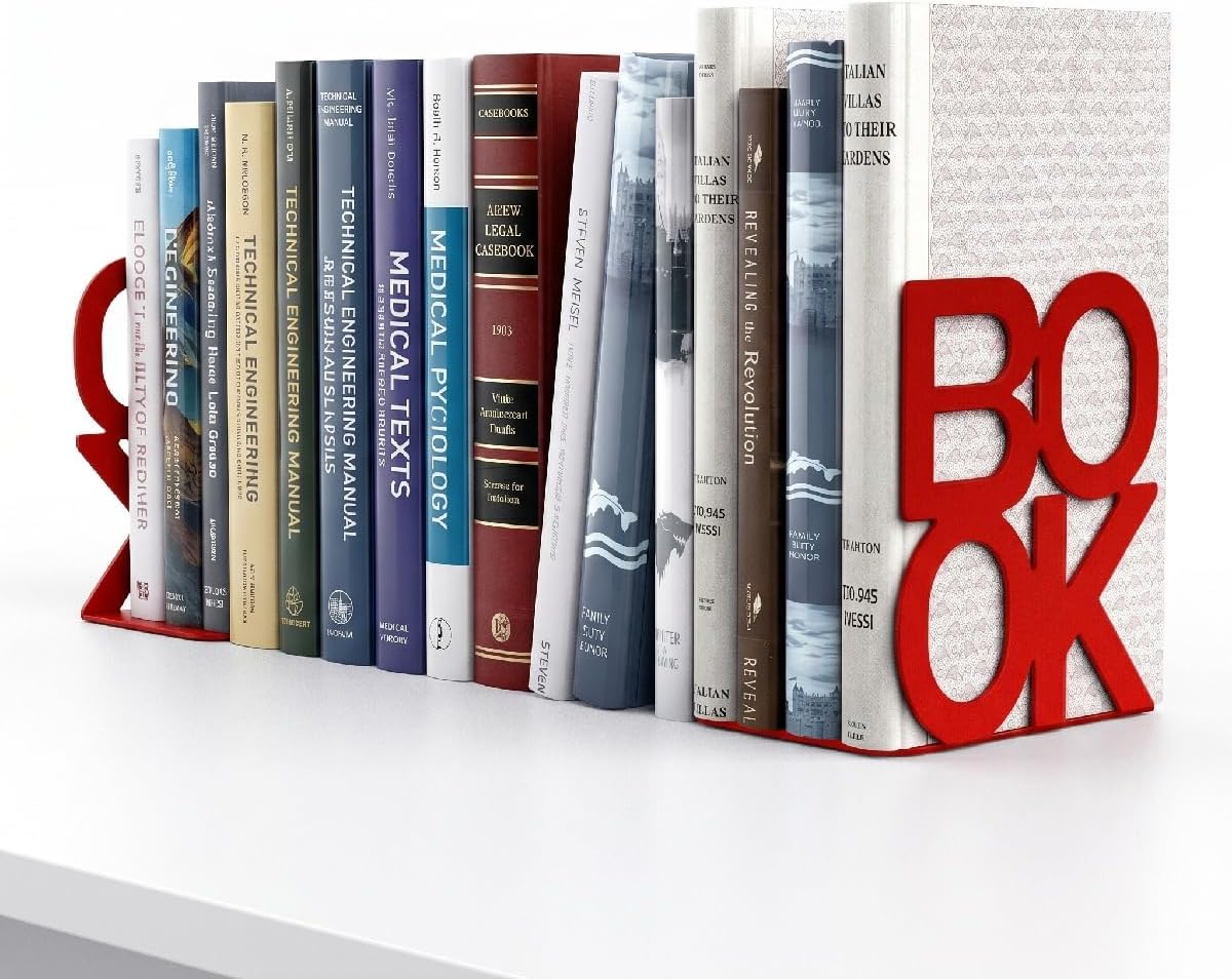 Decorative Metal Book Ends Supports for Bookrack Desk / Red / 2 Pair