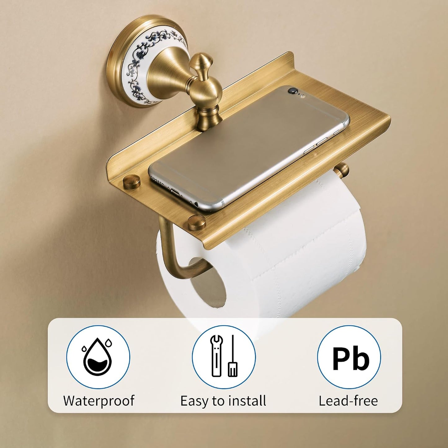 Toilet Paper Holder with Phone Shelf, Bathroom Toilet Paper Roll Holder Antique Bronze Brass Wall Mounted Bathroom