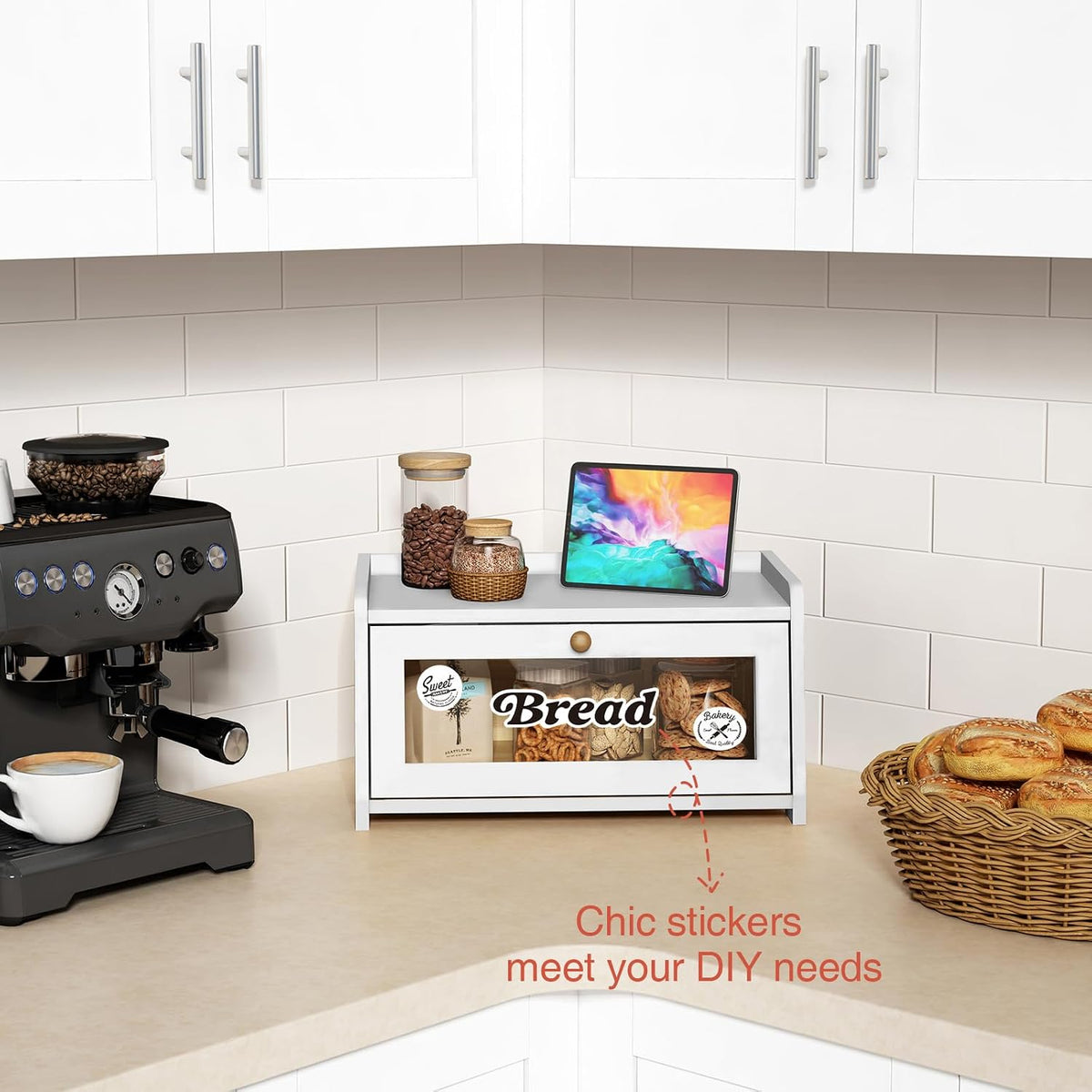 Goozii White Bread Box for Kitchen Countertop, Modern Counter Breadbox for Homemade Bread, Large Corner Bread Storage