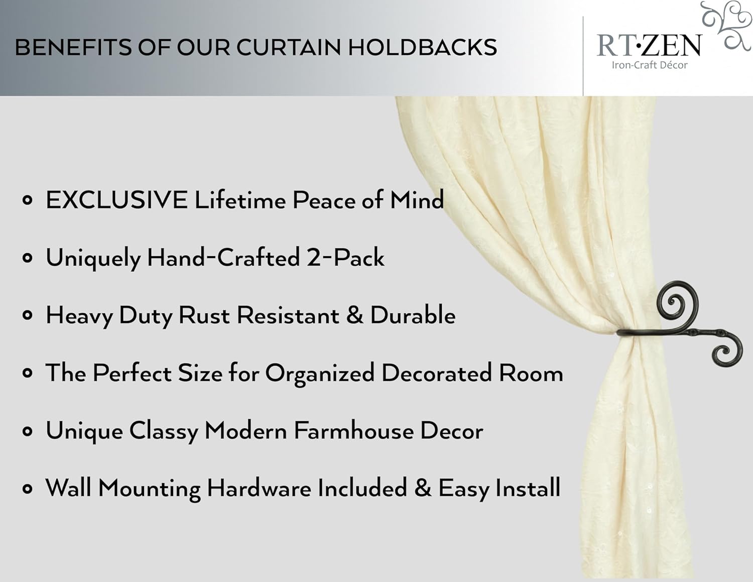Metal Curtain Tiebacks, Drapery Holders for Wall, 2 Pcs | Farmhouse Wrought Iron Curtain Holdbacks, Ornamental Window