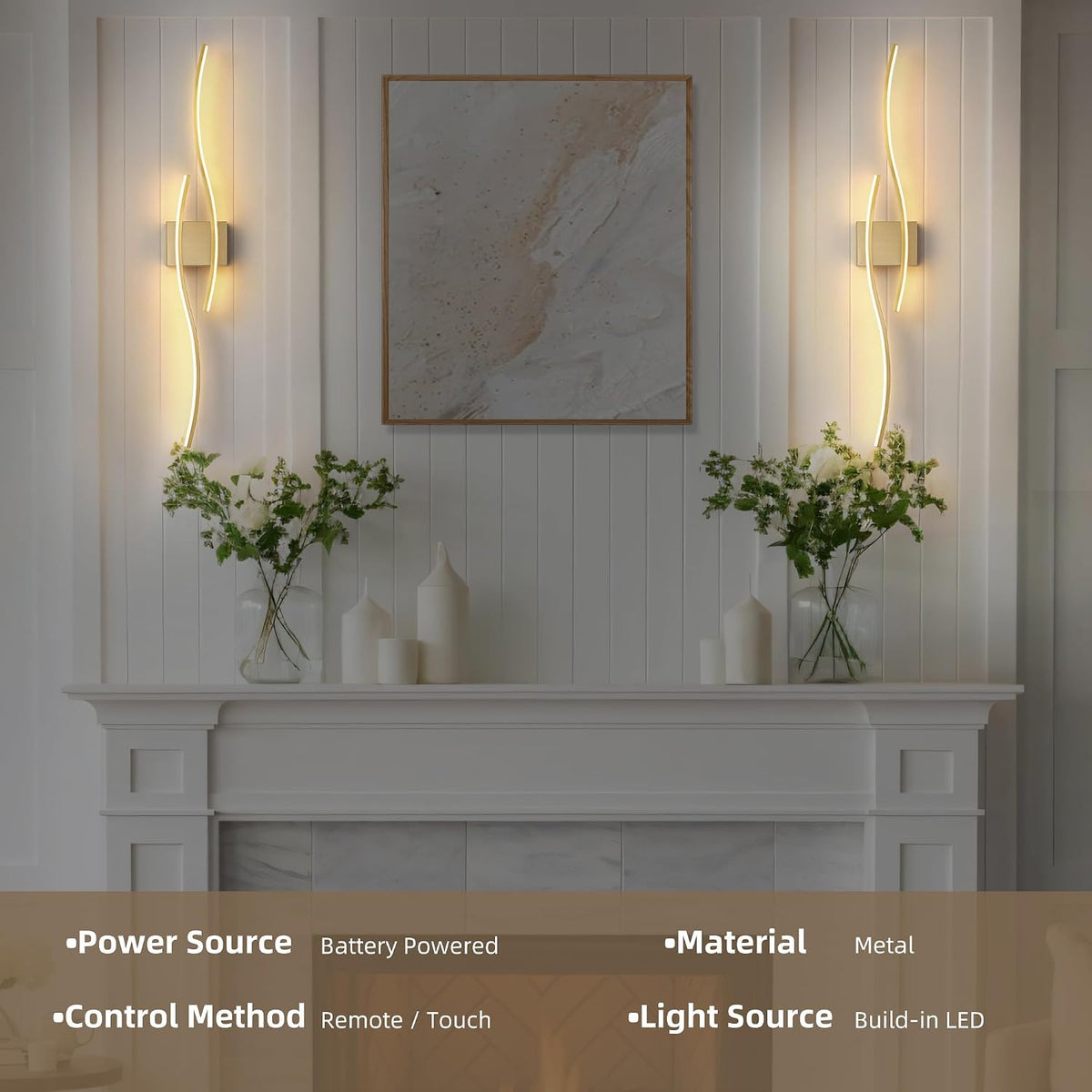 Wireless Wall Sconces Set of Two, Dimmable, 3CCT, Up to 65H Runtime | 3 Color Temps, Stepless Dimming, Timer, Modern