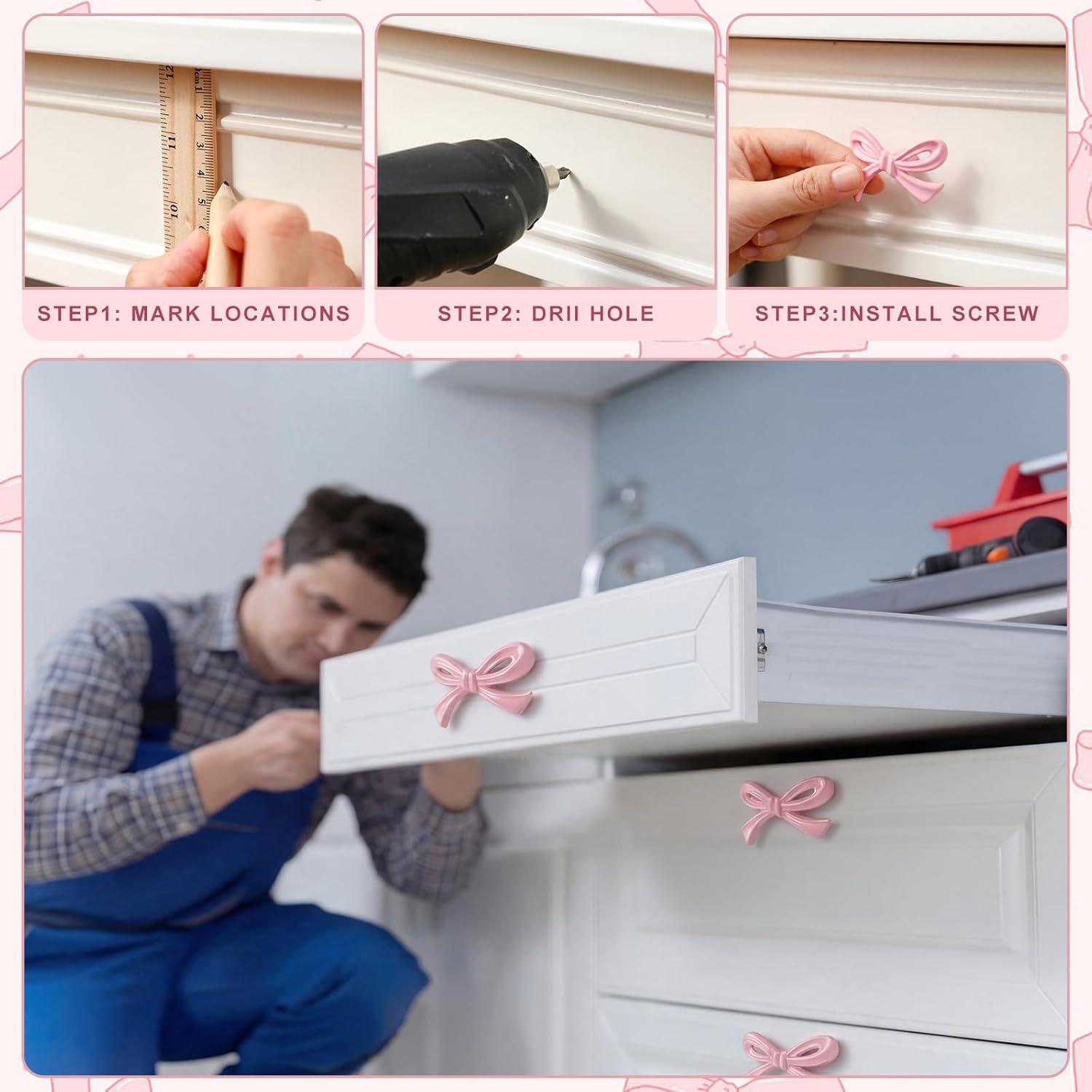 Bow Drawer Knobs Brass Bow Knobs for Dresser Decorative Brass Drawer / Small Size / Pink / Set of 8