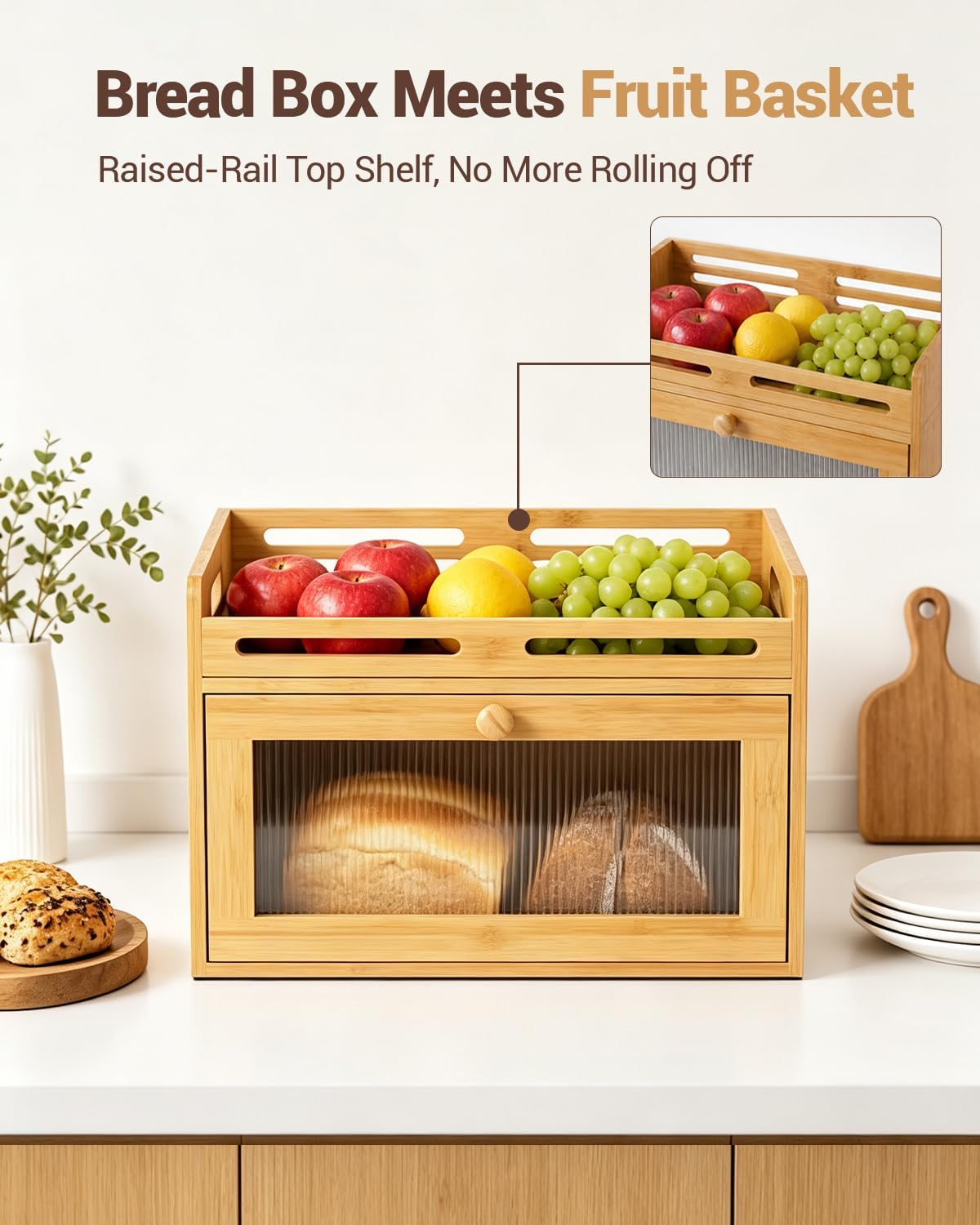 Bread Box for Kitchen Countertop, Bamboo Storage with Raised Top Shelf | Acrylic Window, Rear Vents, Magnetic Closure