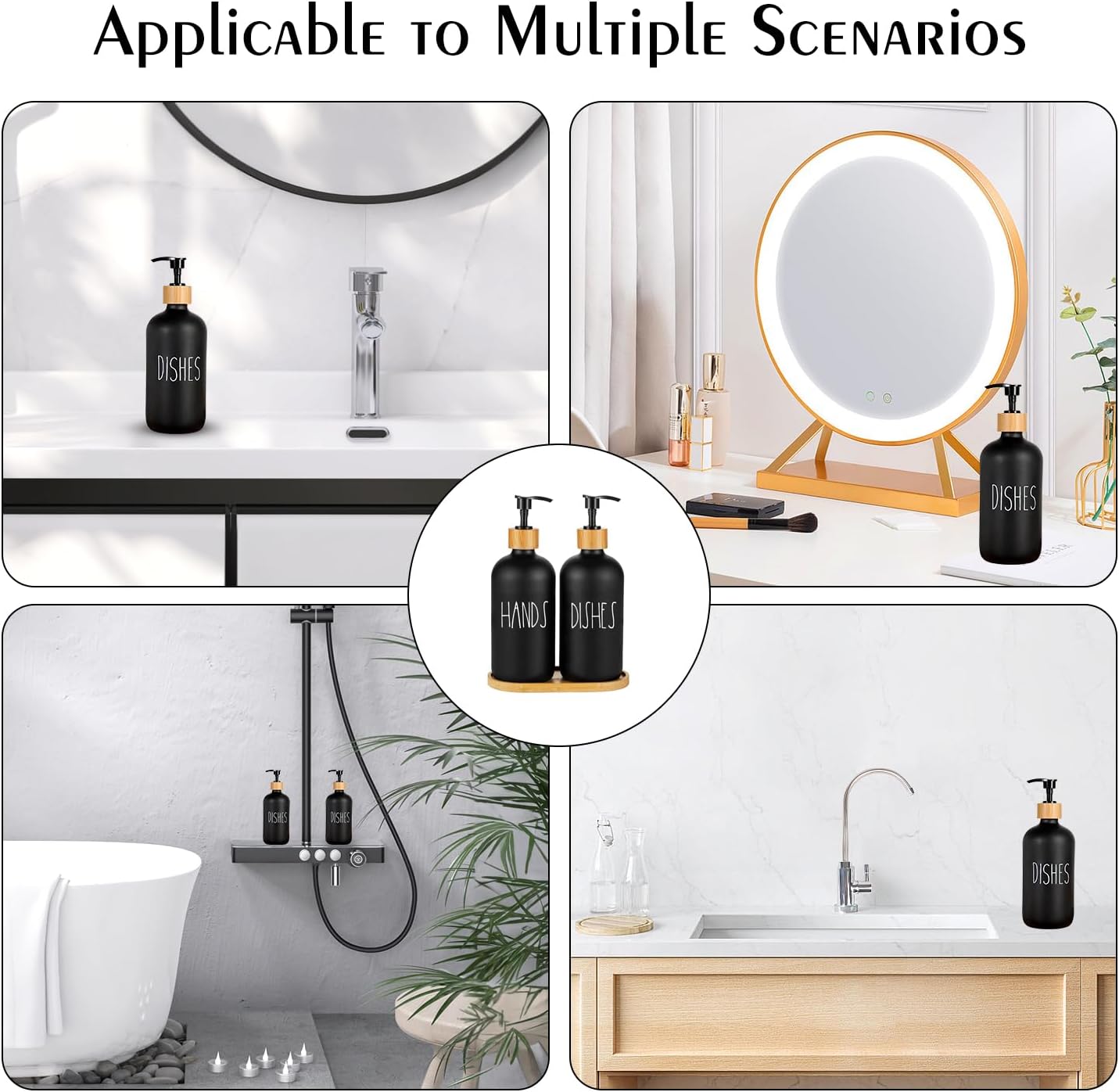 Arktek Glass Soap Dispenser Set with Tray, 2 Pack Hand and Dish Soap Dispenser Set for Bathroom and Kitchen Bottle