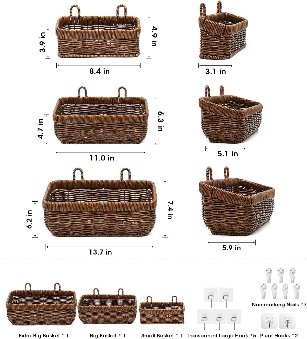 Boho Style Hand-Woven Hanging Storage Baskets / Brown / 3 Pc / Set of 3