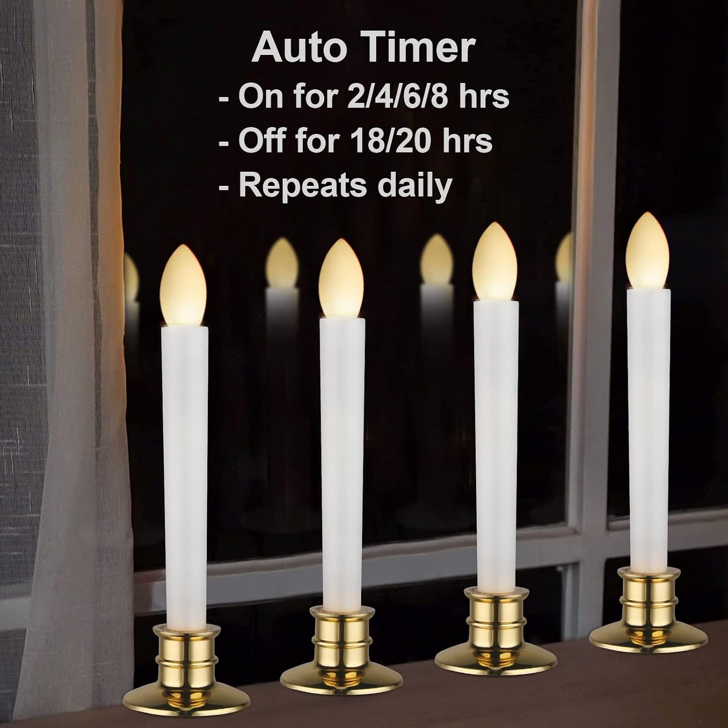 10 Pack Flameless LED Taper Candles with Remote & Timer – Battery Operated Flickering Window Candlesticks with Gold