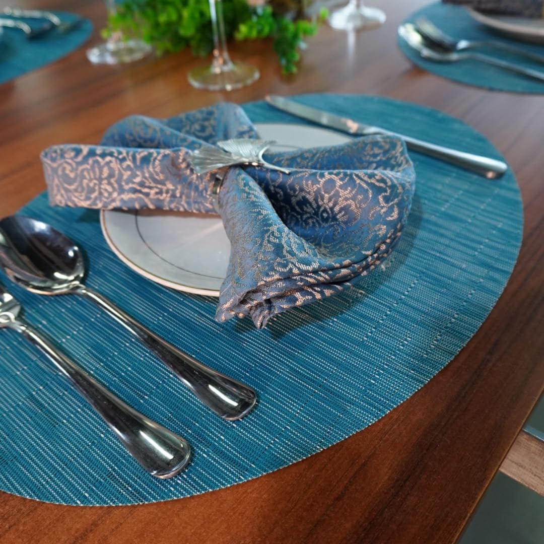 WAZAIGUR Oval Placemats Set of 8 for Dining Table Washable, Blue | Easy to Clean Imitation Bamboo Woven Vinyl Heat