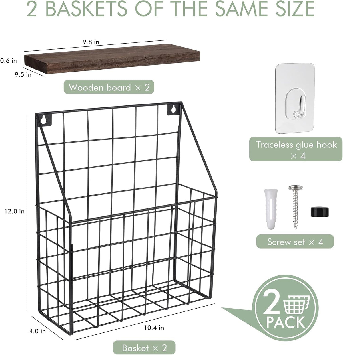 Mail Holder Magazine Basket - 2 Pack Black Wall Mount File Organizer Rack of Wooden Style with Adhesive Mounting