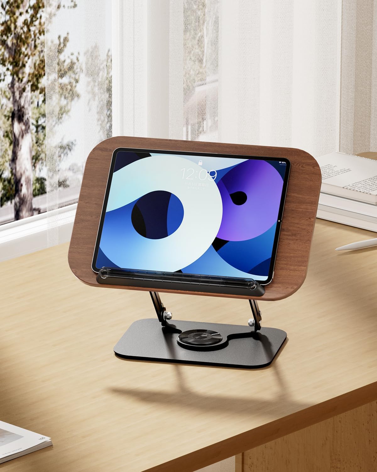 Viozon Book Stand for Reading,Book Holder, Height&Angle Adjustable, 360° Rotating Base, Foldable and Portable