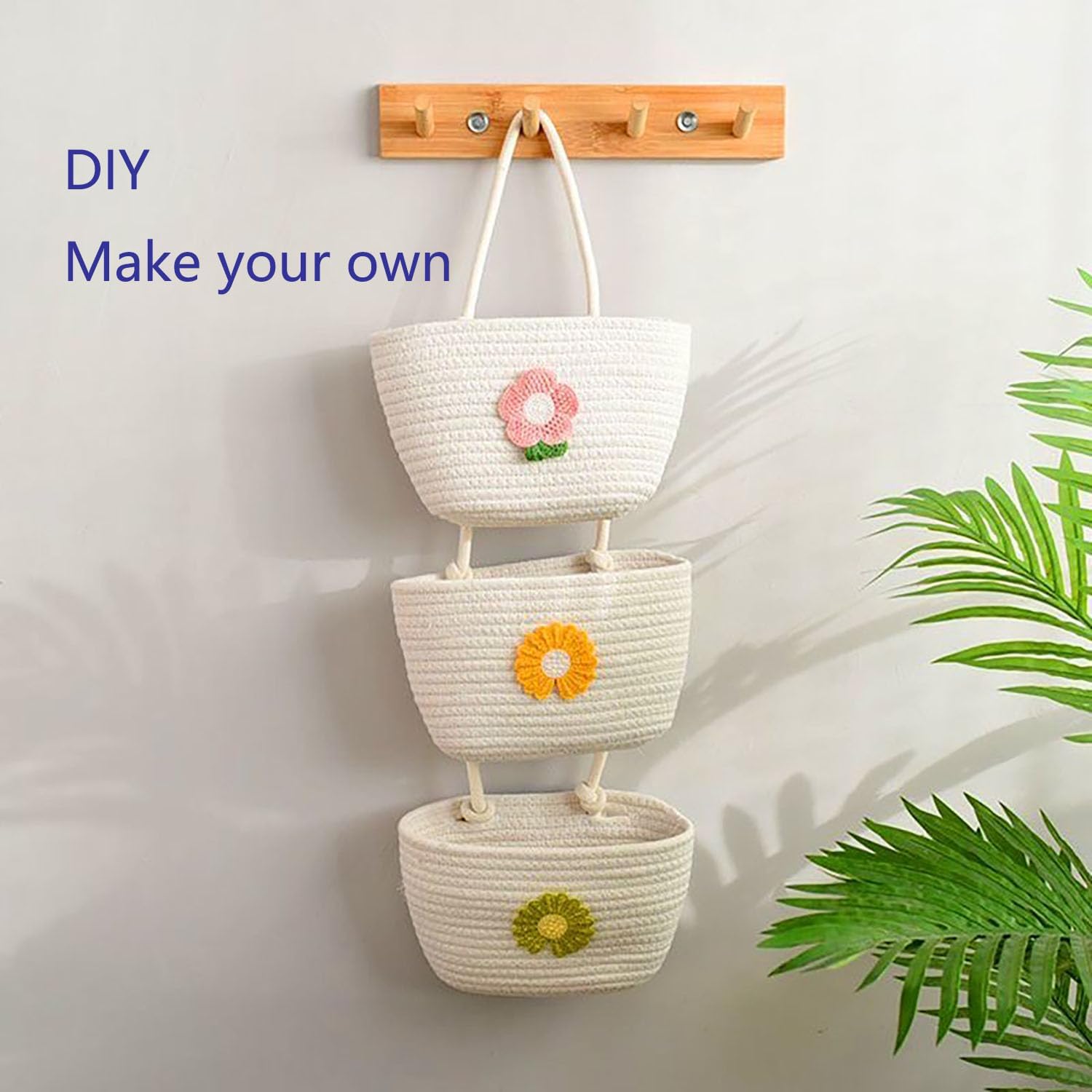 Woven Cotton Hanging Baskets for Organizing Decor 3-Tier Over the Door Wall-Mounted Storage / White