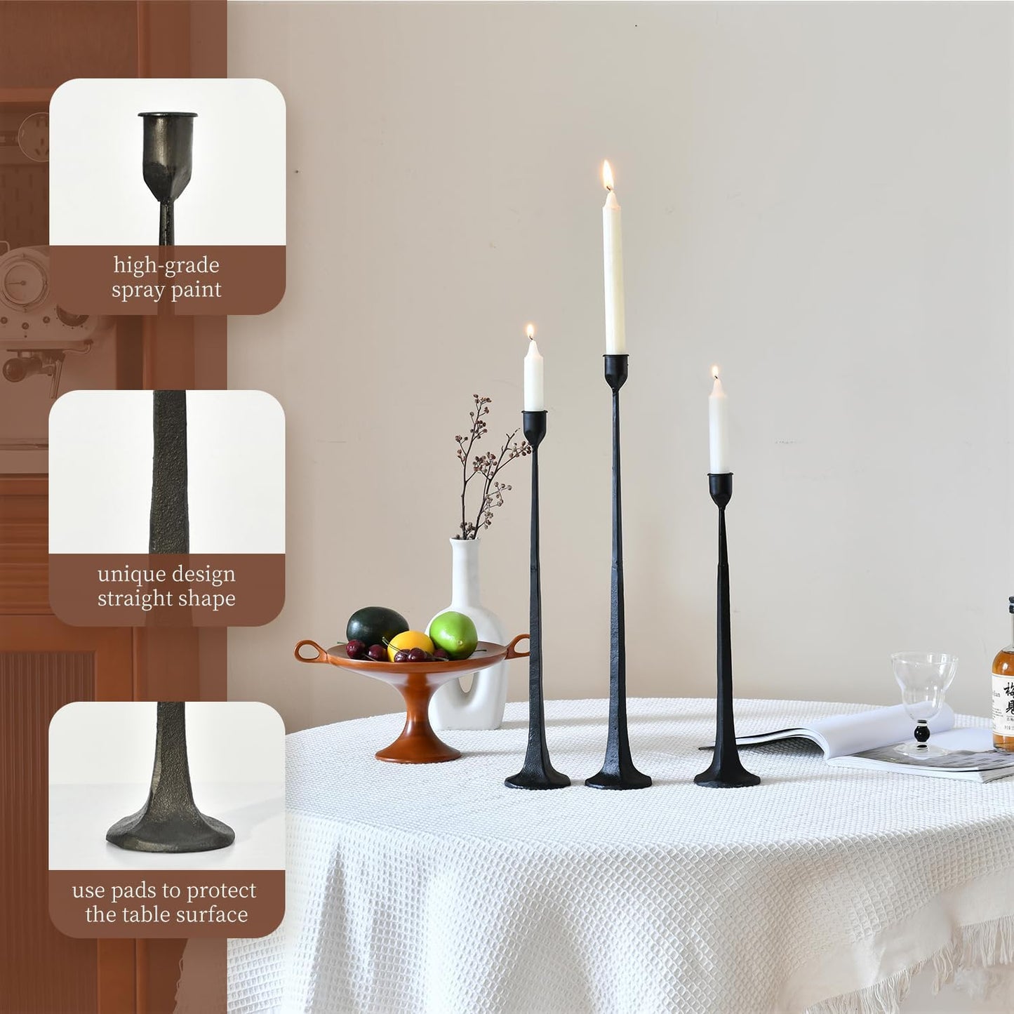 Set of 3 Candle Stick Holders,Iron Black Candlestick Holders, Fits 3/4 inch Thick Candles, Tapered Candle Holders Tall