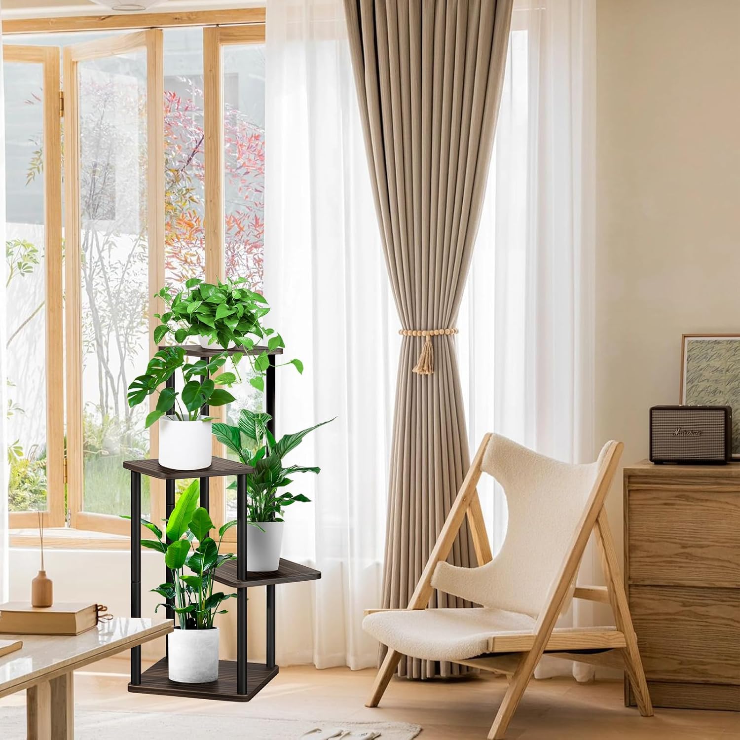 4-Tier Wooden Flower Shelf, Multi-Tier Flower Stand, Plant Stand for Indoor, Garden, Balcony, Decoration (Black Oak)