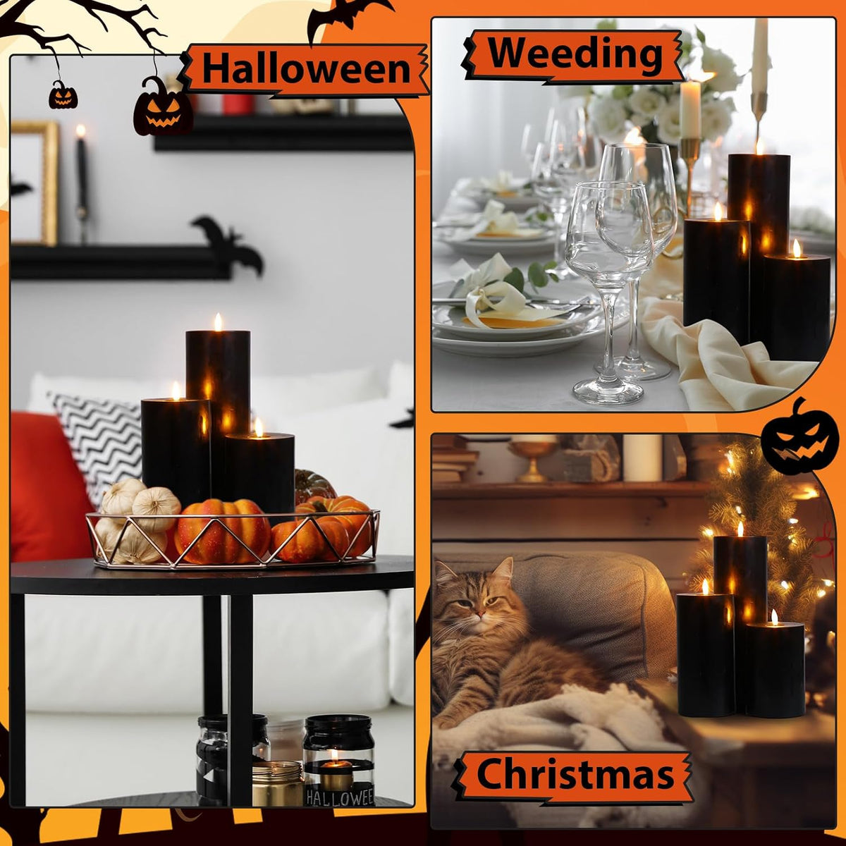 3 Pcs Halloween 6/8/12 Inches Black Flameless LED Candles with Remote and 2/4/8h Timer Battery Operated Electric Wax