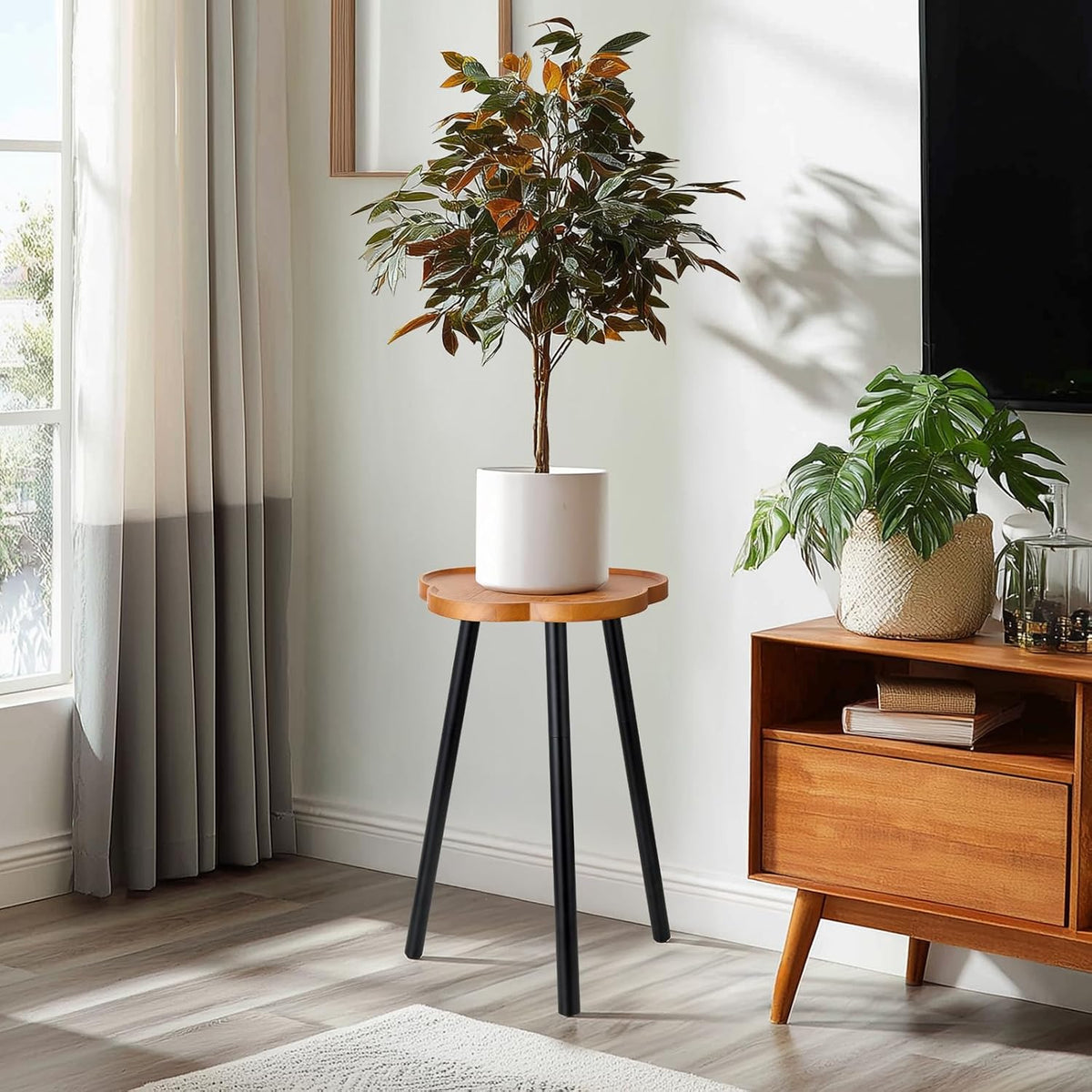 KINNARY Plant Stand Indoor, Wood Plant Table Plant Holder with Raised Design,Heavy Duty Metal Flower Pot Stand, Mid
