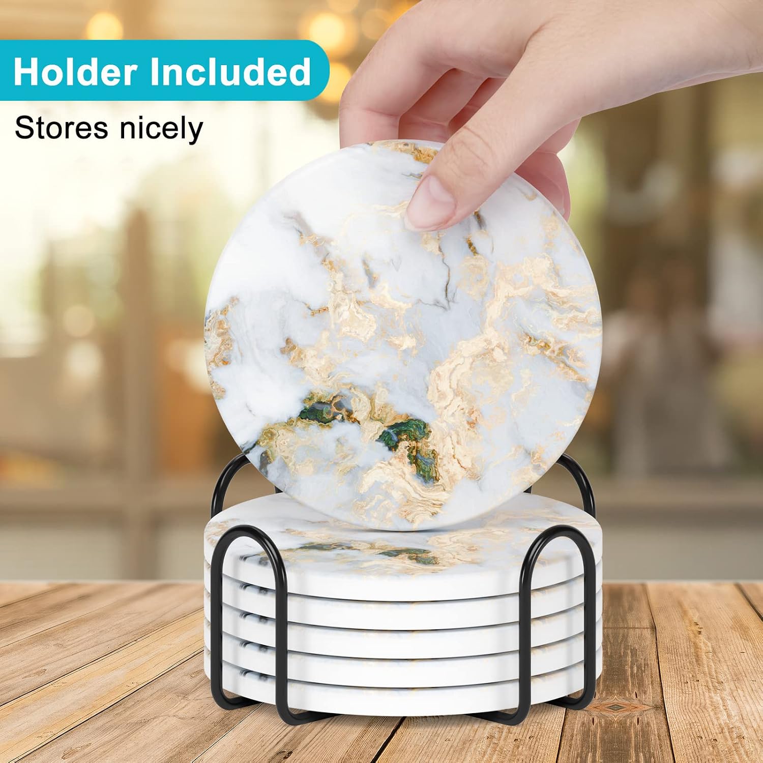 Holder and Cork Base / White Gray Gold Marble / Set of 6