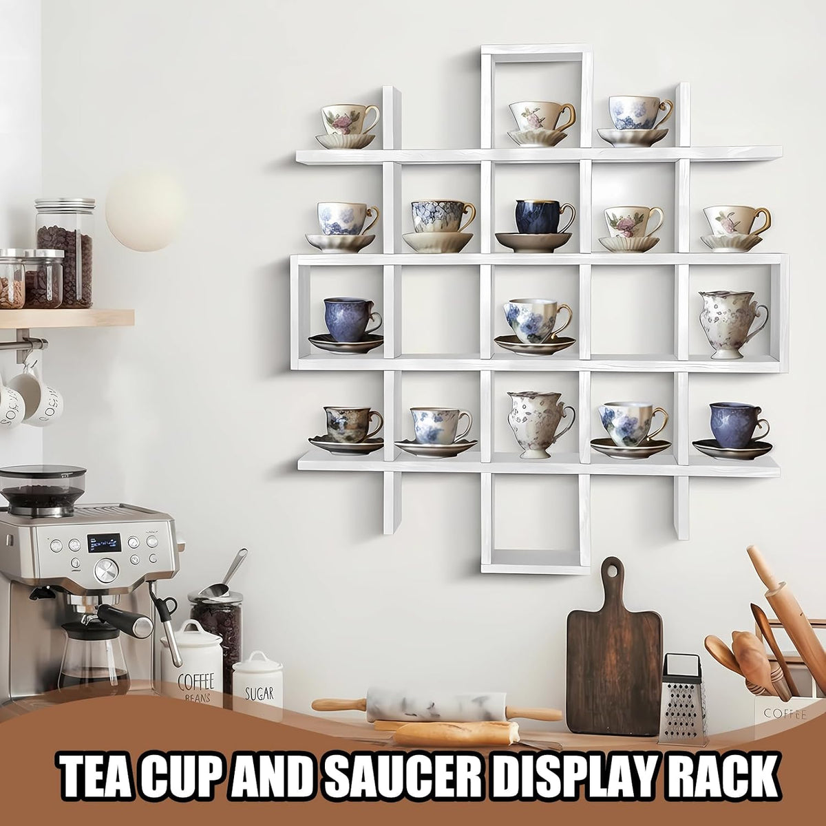 Suzile Oversize Tea Cups and Saucers Shelf Rustic Wooden Coffee Display Shelves Wooden Floating Curio Shelf Mounted Tea