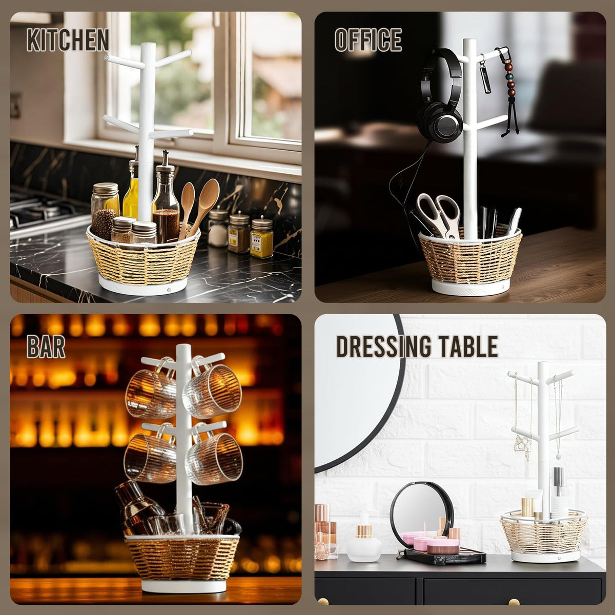 Wood Mug Holder Tree with Woven Basket, 4 Hooks Coffee Mug Holder, Countertop Mug Tree for Kitchen Counter Cabinet