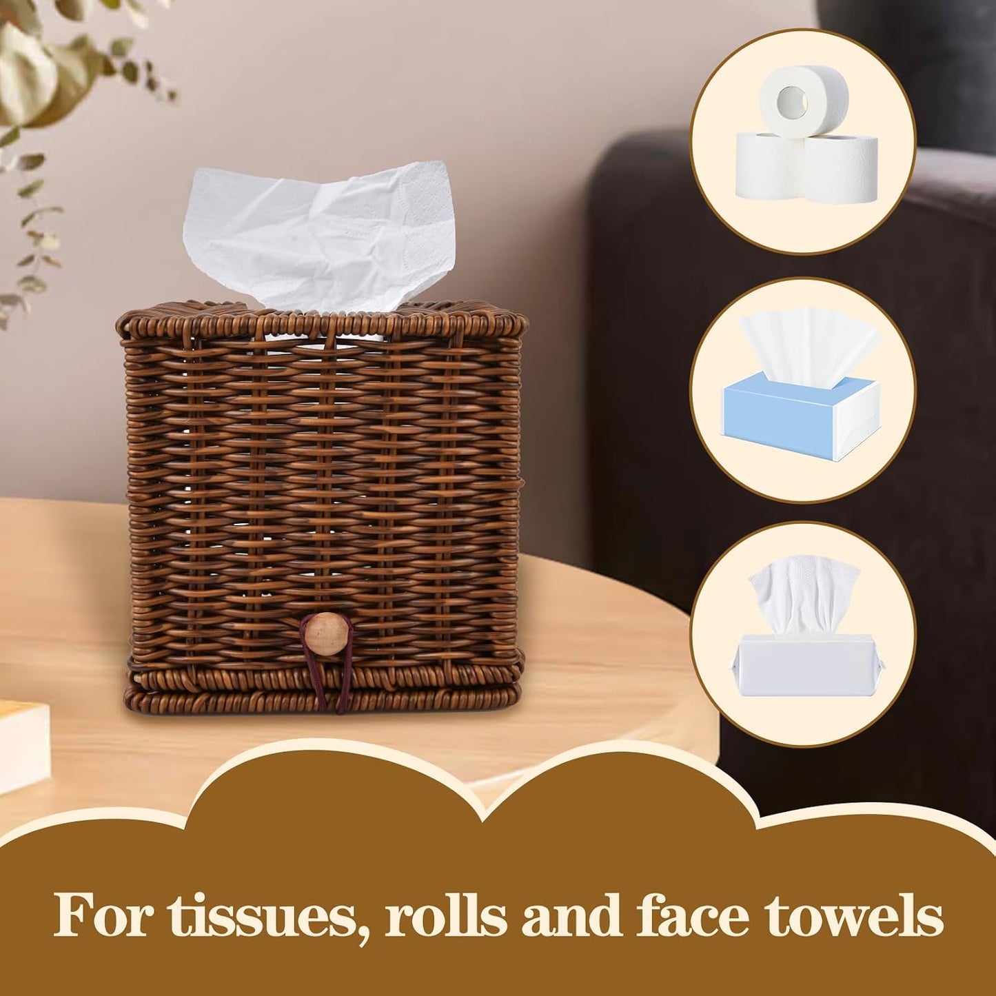 Rattan Tissue Box Cover Square Woven Decorative Rectangle Tissue Box Holder Bathroom / Natural