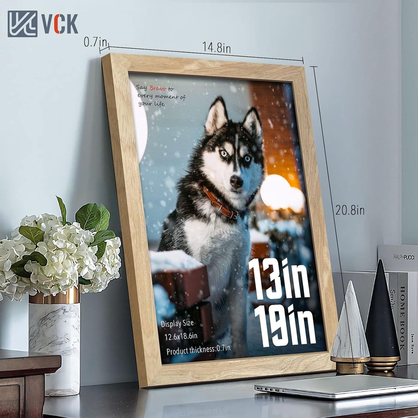VCK 13x19 Picture Frame Set of 3, Natural Solid Wood, Wall Hanging | Wide Border, Light Woodgrain, Shatterproof