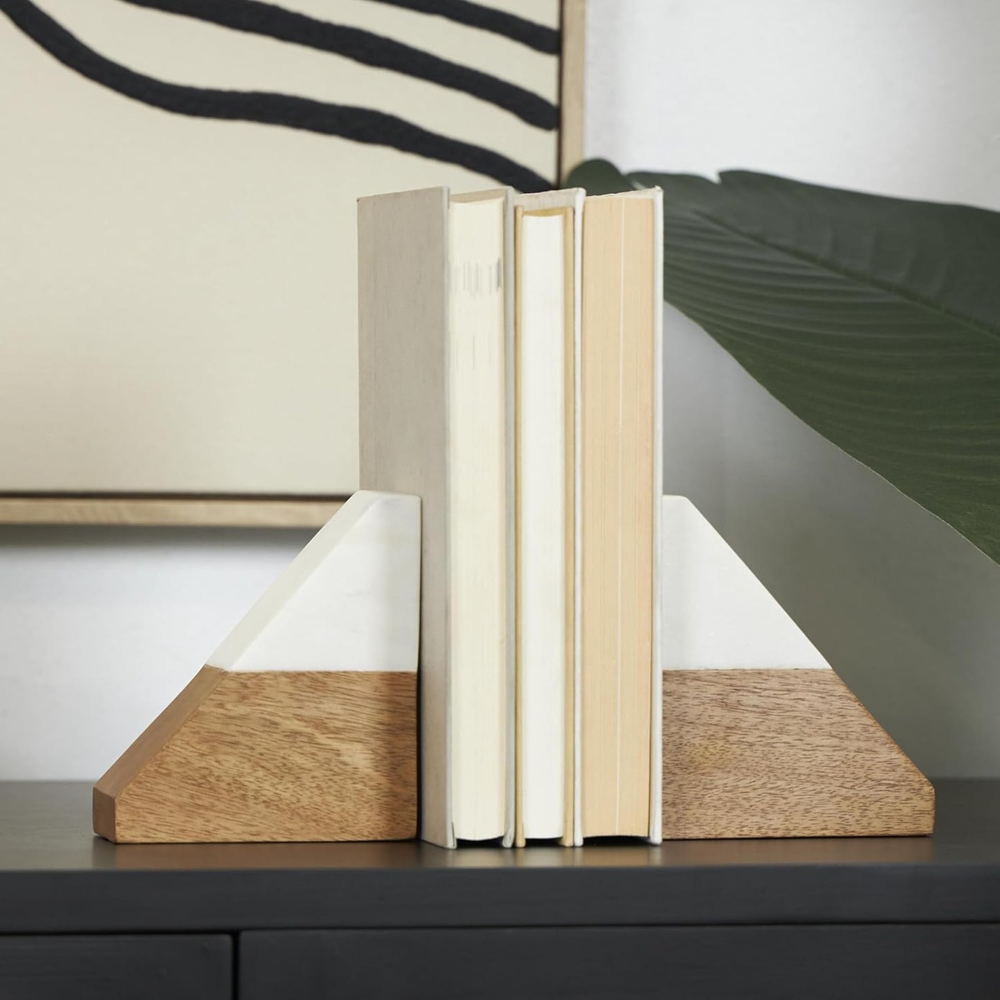 Mango Wood Geometric Decorative Bookends Triangle 3 lbs Non Skid / 4"w, 5"H / White / Set of 2