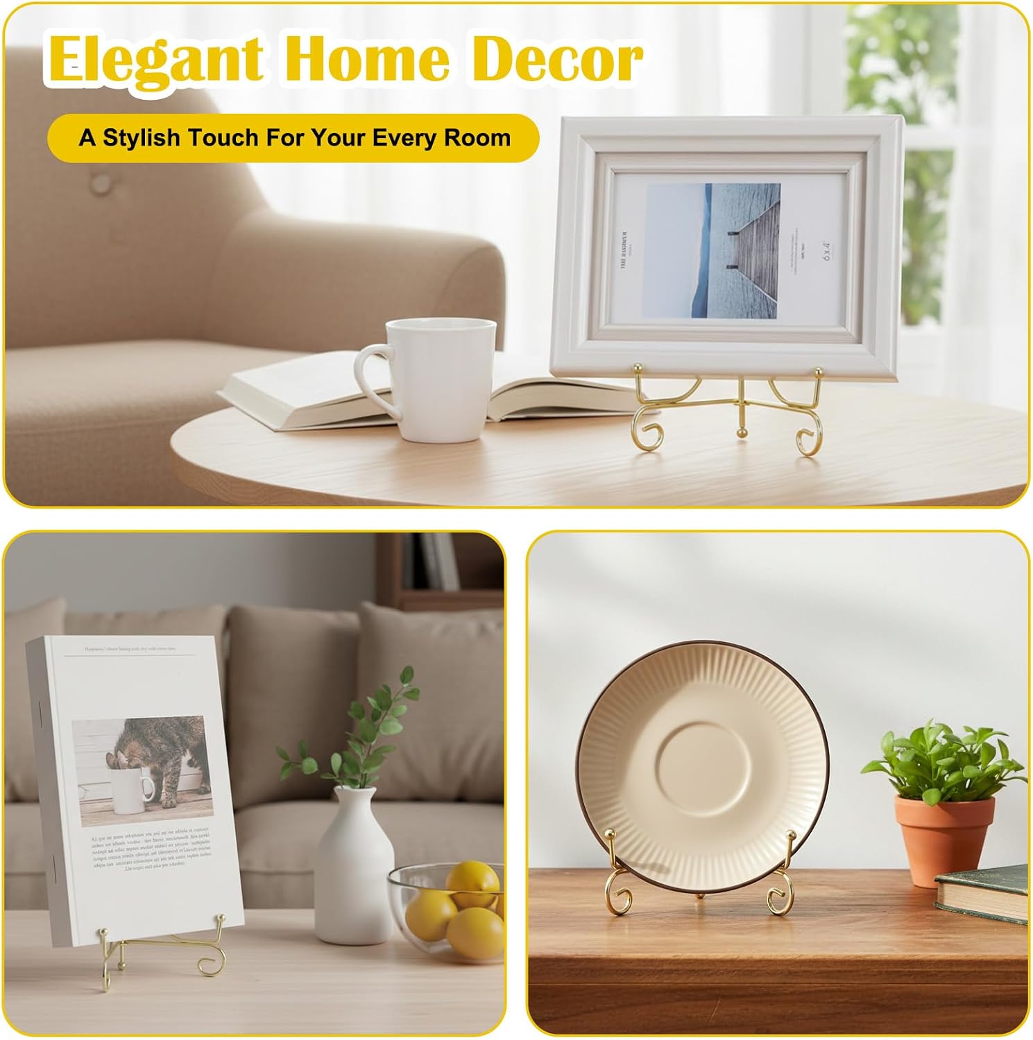 Decorative Metal Plate Holders Foldable Easel Holder Picture / Gold / 6 Inch / Set of 12