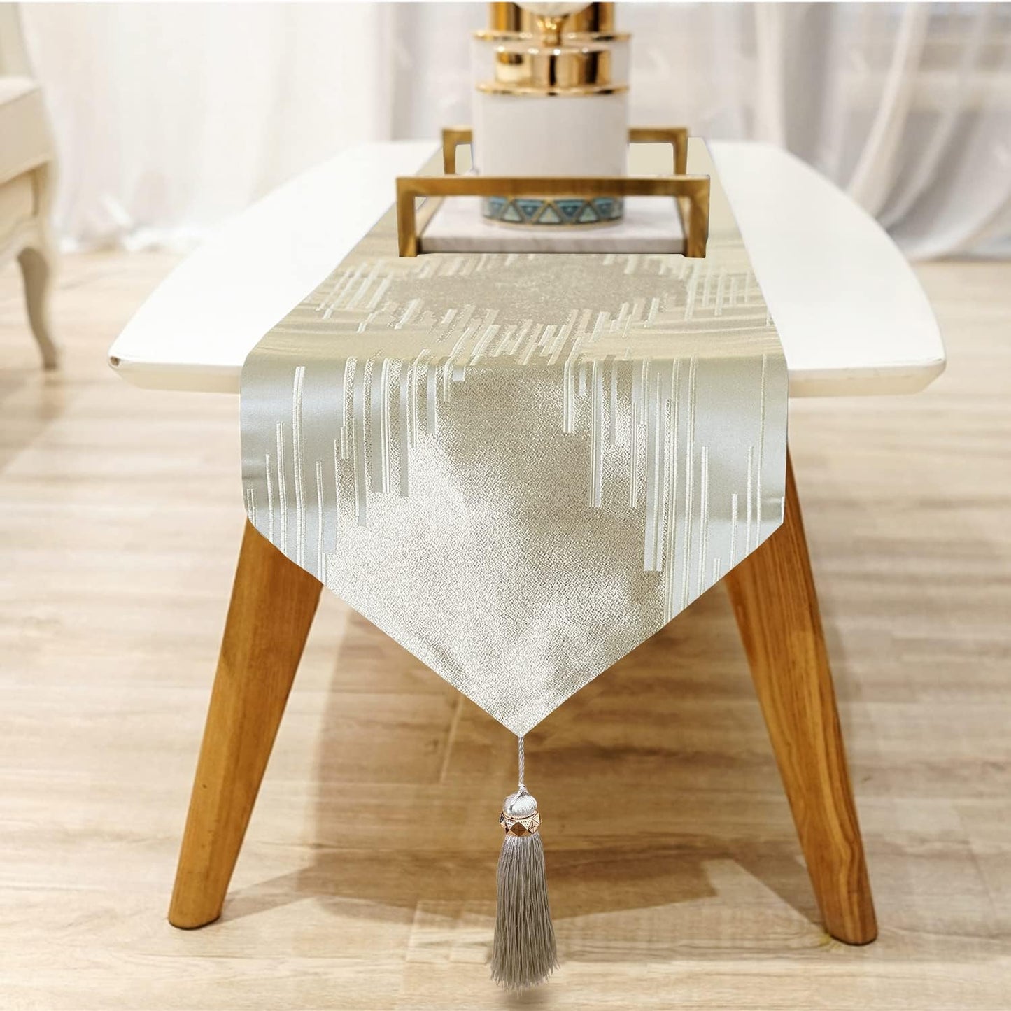 Luxury Beige Table Runner 13 x120 Inch, Modern Abstract Striped, Tassels | Table Runners 120 Inches Long, Elegant