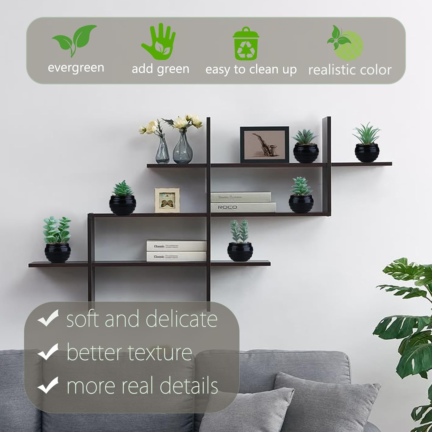 Green Mini Artificial Succulents in Plastic Pots Small Fake / Green-plastic Black Pot / Set of 6