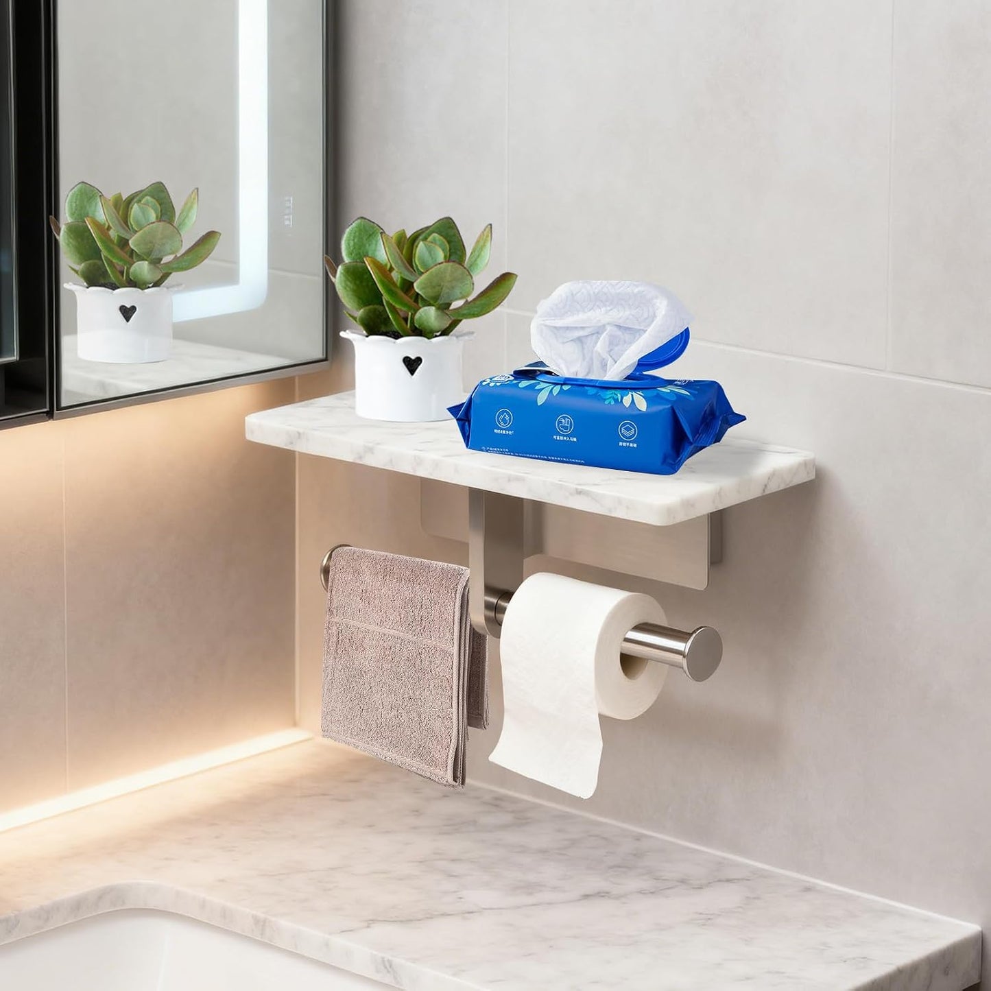 Toilet Paper Holder with Natural Marble Shelf for Bathroom Washroom,Wall Mounted Tissue Holder Suitable for Mega Roll