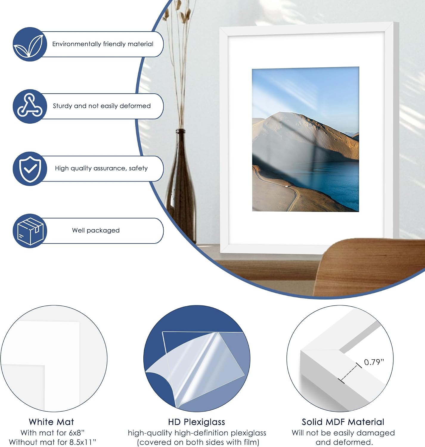 11x14 Picture Frame Set of 6,Wall or Tabletop,White Woodgrain | Display 8x10 with Mat or 11x14 Without Mat, Horizontal