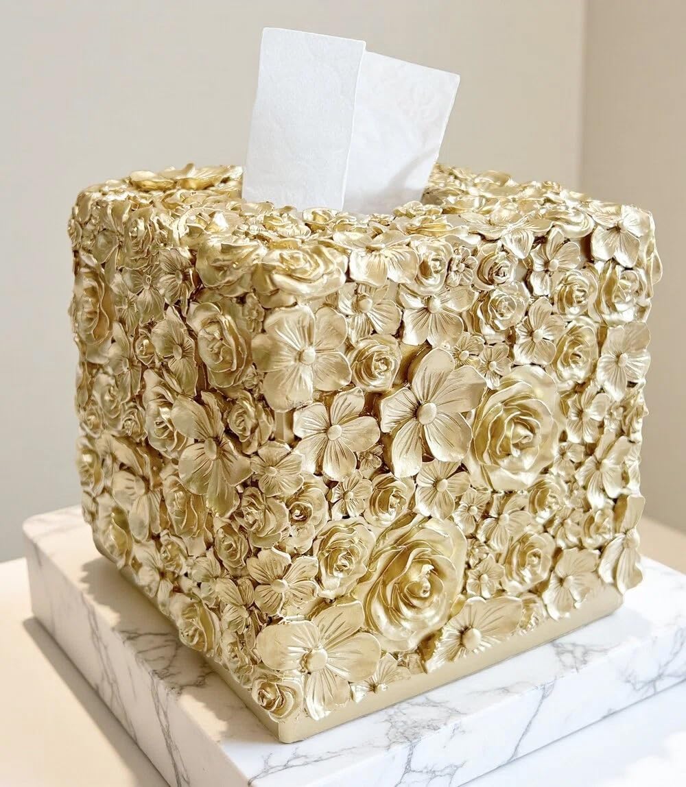Square Tissue Box Cover Decorative Kleenex Box Holder / Gold-g