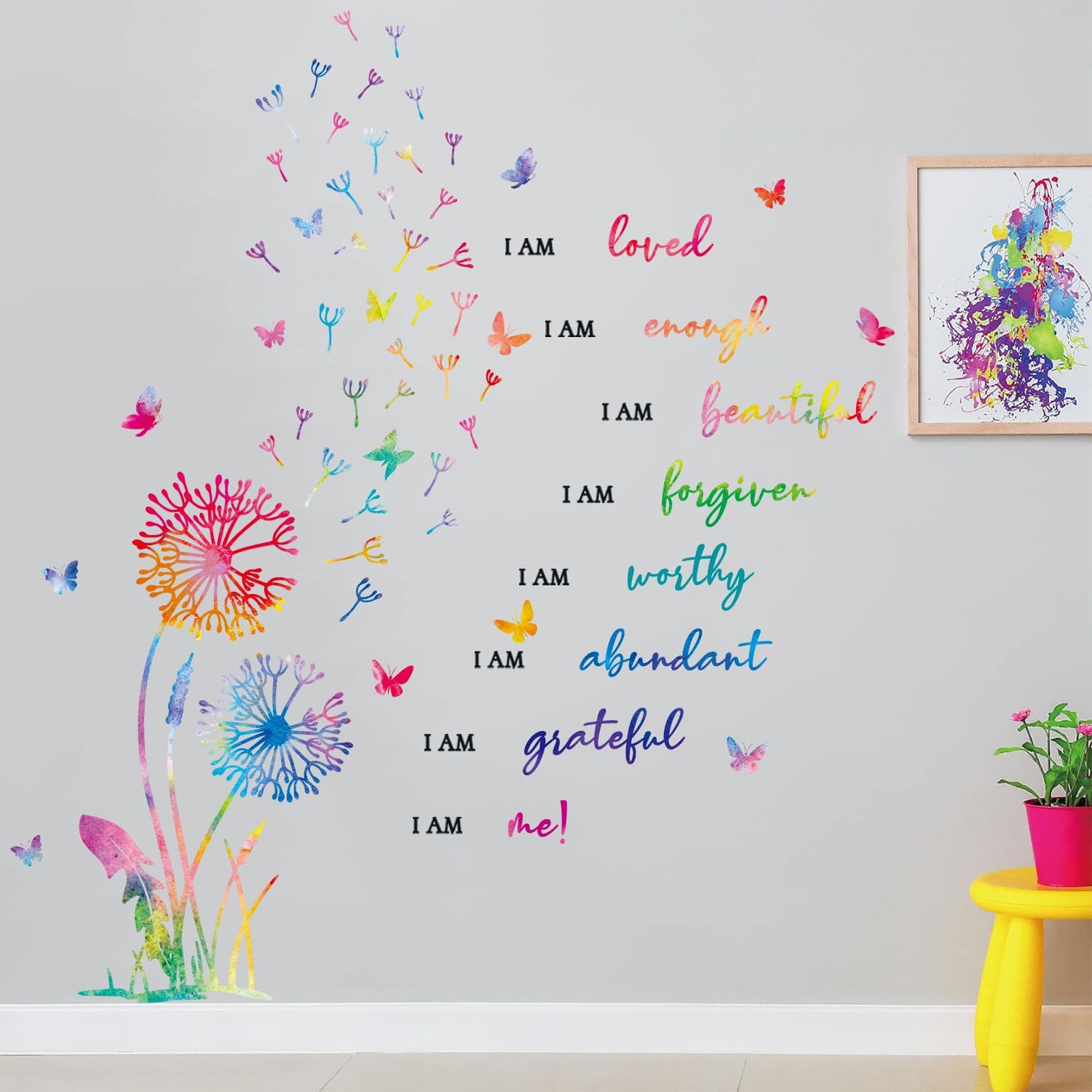 Butterfly Positive Affirmation Wall Decal / Dandelion Inspirational Saying Wall Sticker / Set of 75