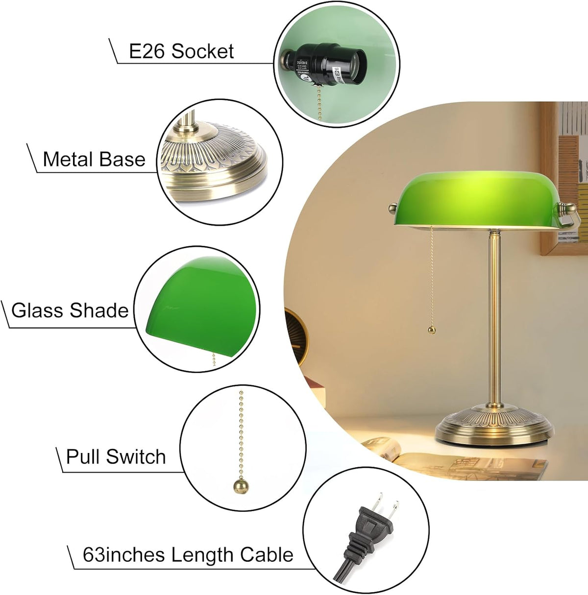 Bankers Lamp, Brass Finish with Pull Switch, Green Glass Shade | Classic Desk Lamp for Home, Office, Study, Piano