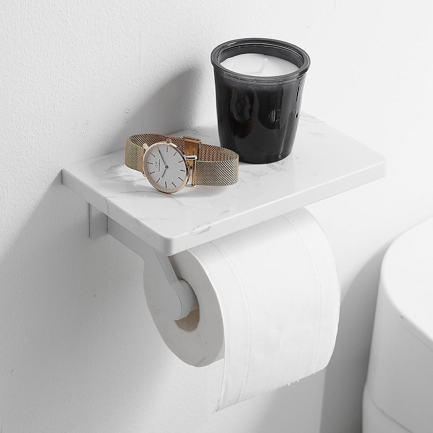 Hoimpro Toilet Paper Holder Wall Mounted, Marble Tissue Roll Rack | White | Natural Marble Shelf Hand Paper Roll