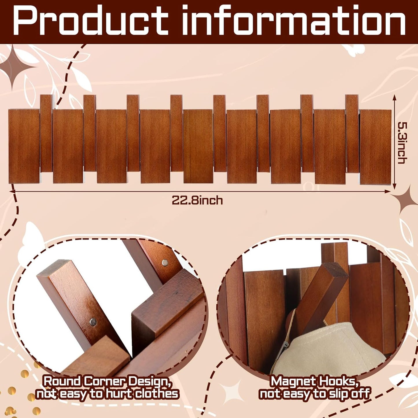 4 Hook Wood Coat Rack Wall Mount Wooden Coat Hooks Rustic Heavy Duty Flip / Wood Color / 8 Hooks