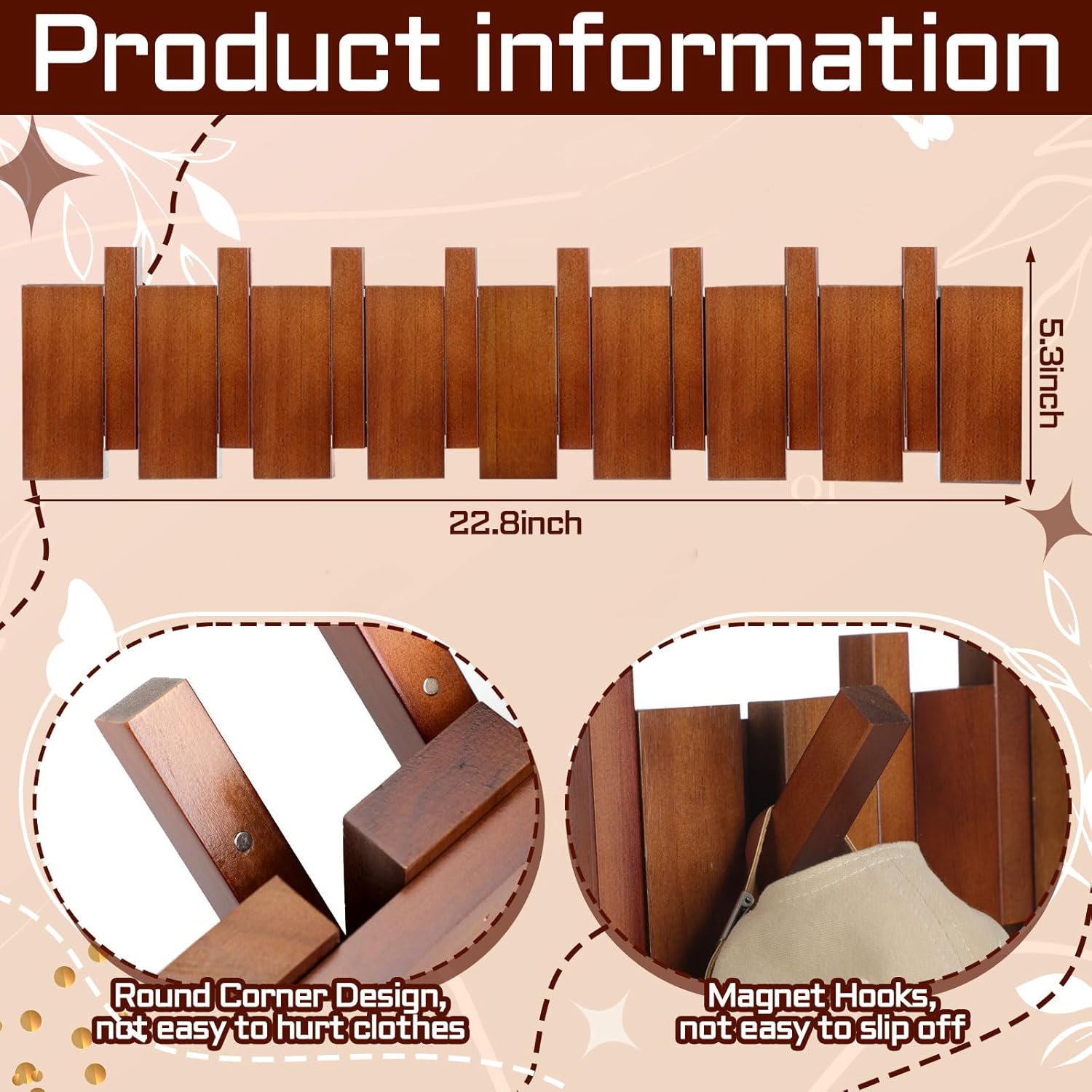 4 Hook Wood Coat Rack Wall Mount Wooden Coat Hooks Rustic Heavy Duty Flip / Wood Color / 8 Hooks