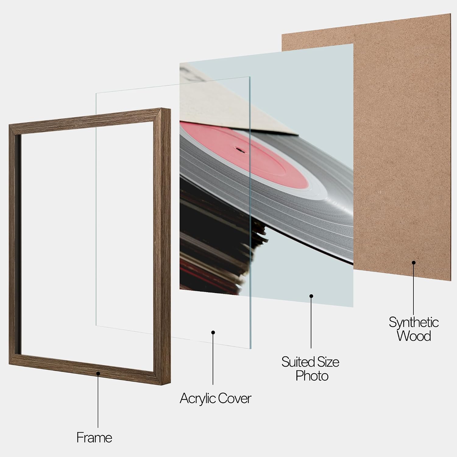 eletecpro Vinyl Record Frame, 12.5 x 12.5 in, Rustic Brown, 4 Pack | Fits 12x12 LP and Album Cover, Easy Wall Mount