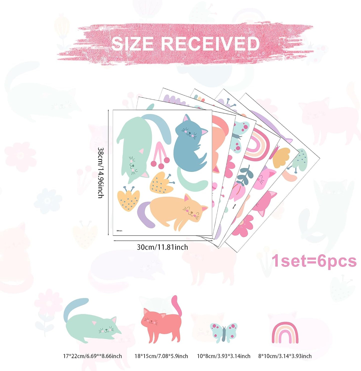 Cat Wall Decals / Colorful Pet Cat Butterfly Rainbow Decal